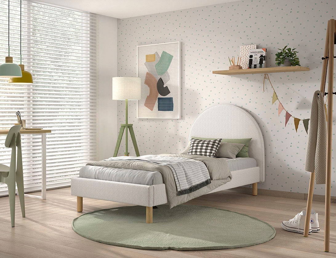 Vipack Polsterbett »Moon, mit flauschigem Bouclé Stoff in verschiedenen Farben« B/H/T ca. 147x132x212cm, gebogenes Kopfteil, Füße Massivholz,  inkl. Rolllattenrost, wahlweise 2 Breiten und verschiedene Farben