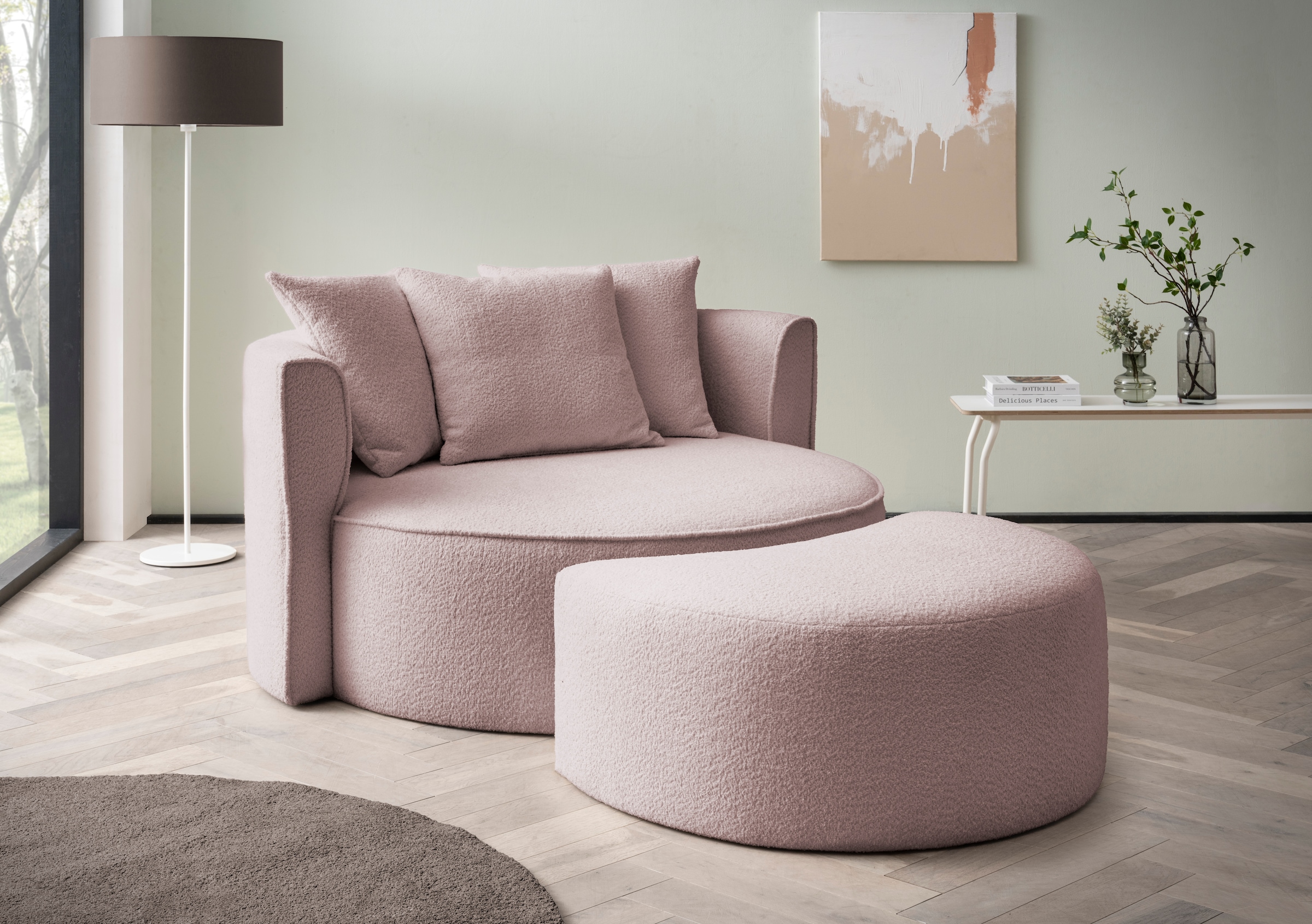 LeGer Home by Lena Gercke XXL-Sessel »ISALIE, Rundsessel mit Hocker, Lesesessel, Loveseat, Big-Sessel«, (Set), trendige Stoffe, mit 3 Zierkissen, große Sitzfläche