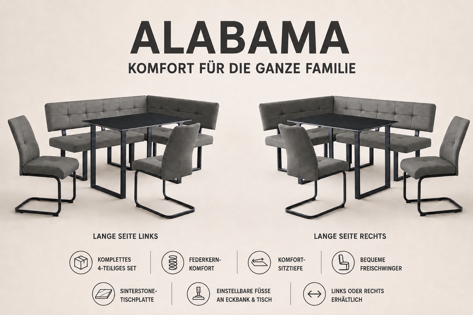 OTTO home Eckbankgruppe »Alabama, 4tlg-Set, Esstisch, Eckbank plus 2 Stühle« Spar-Set, 4 tlg. Sitzgruppe mit Federkern, 2 Freischwingern und Sinterstein-Tisch