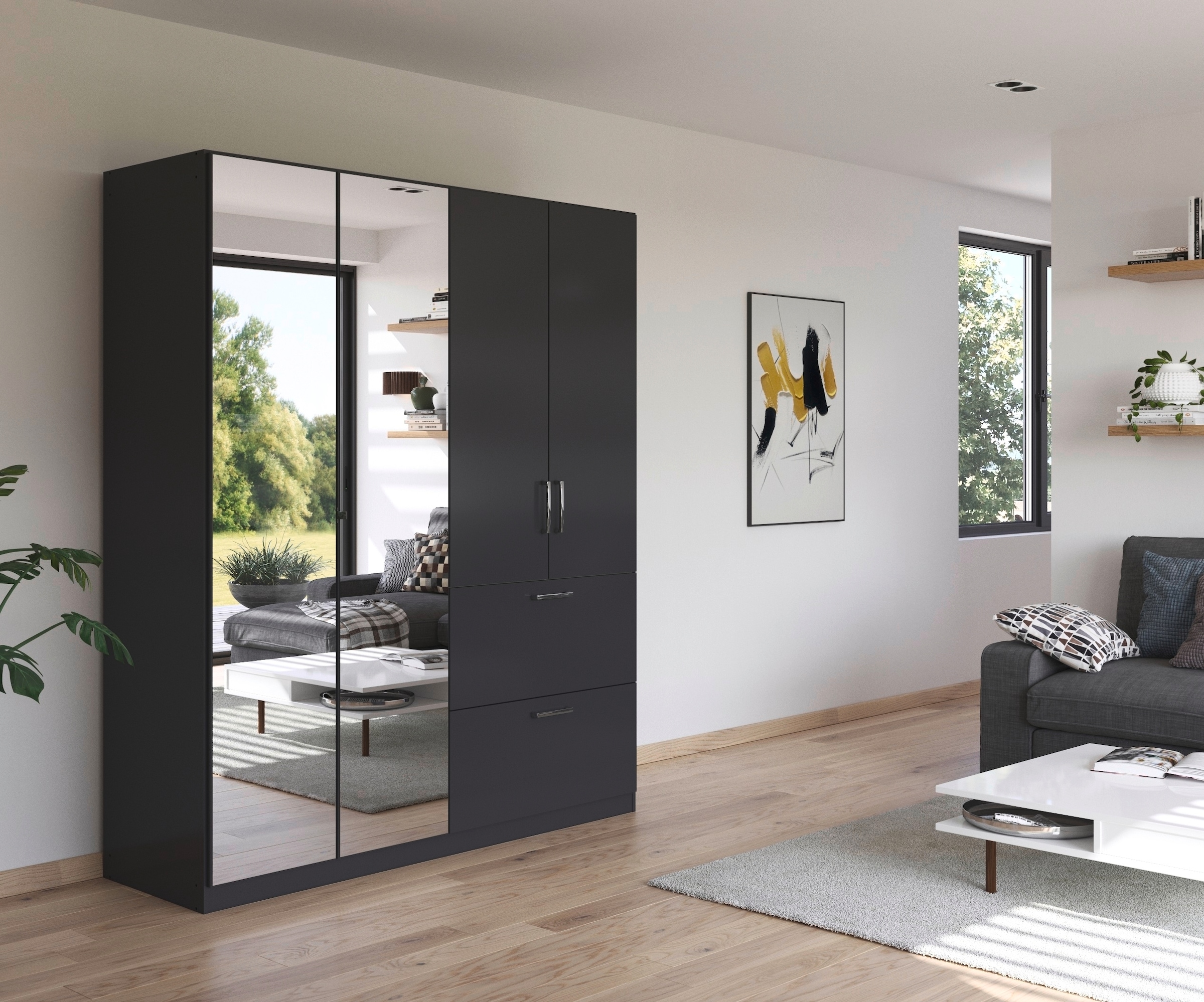 rauch Kleiderschrank »Drehtürenschrank Schrank Garderobe Schlafzimmerschrank PADUA« voll aufgelegte Spiegeltüren, zwei große Schubladen MADE IN GERMANY