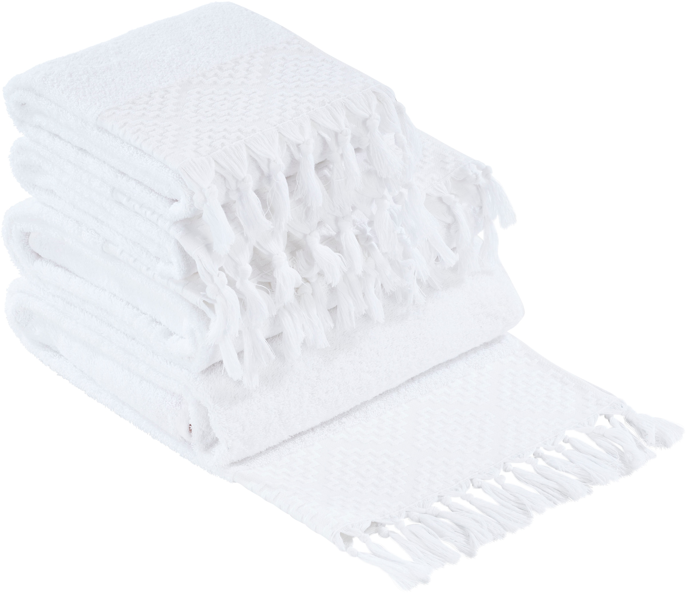 done.® Handtuch Set »Provence Bohéme«, (Set, 4 St., 2 Handtücher (50x100 cm)-2 Duschtücher (70x140 cm), Uni-Farben, Boho-Style, mit auffälliger Borte & Fransen