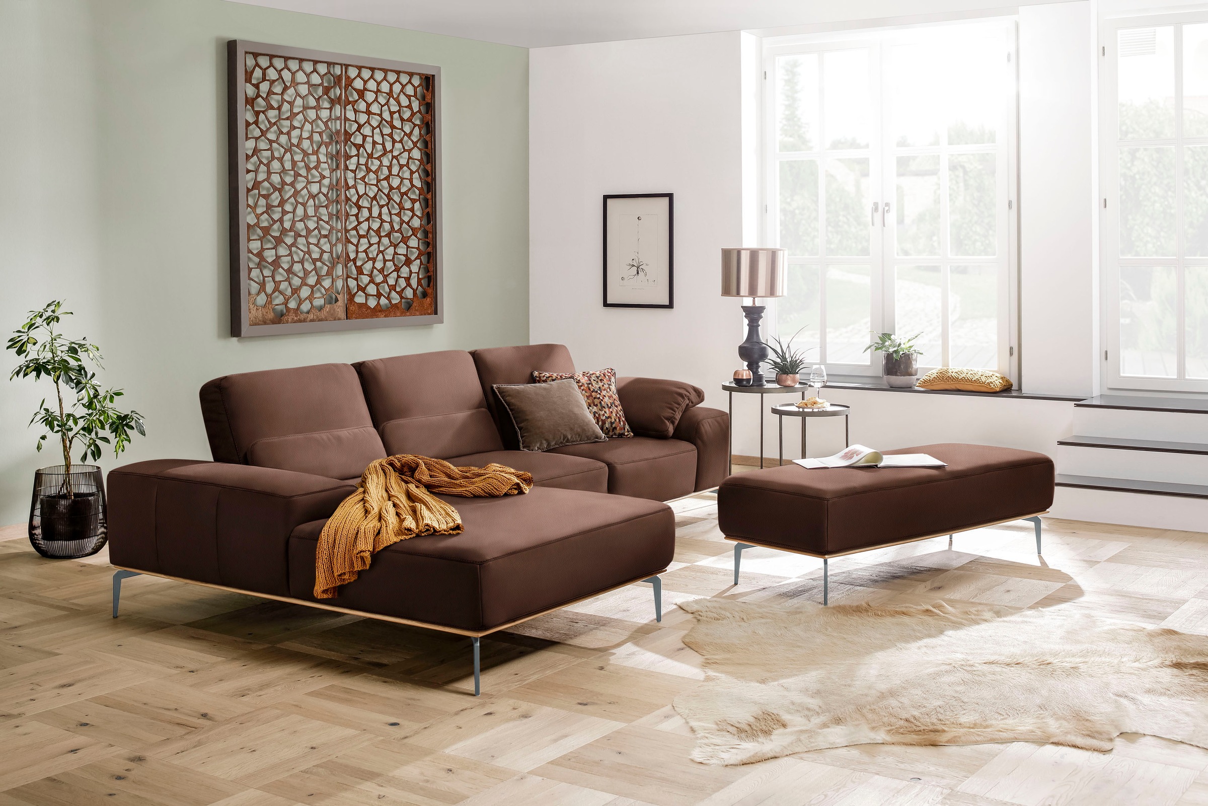 W.SCHILLIG Ecksofa »run, Designsofa mit tollem Sitzkomfort, bequem, L-Form«, mit elegantem Holzsockel, Füße in Silber matt, Breite 299 cm