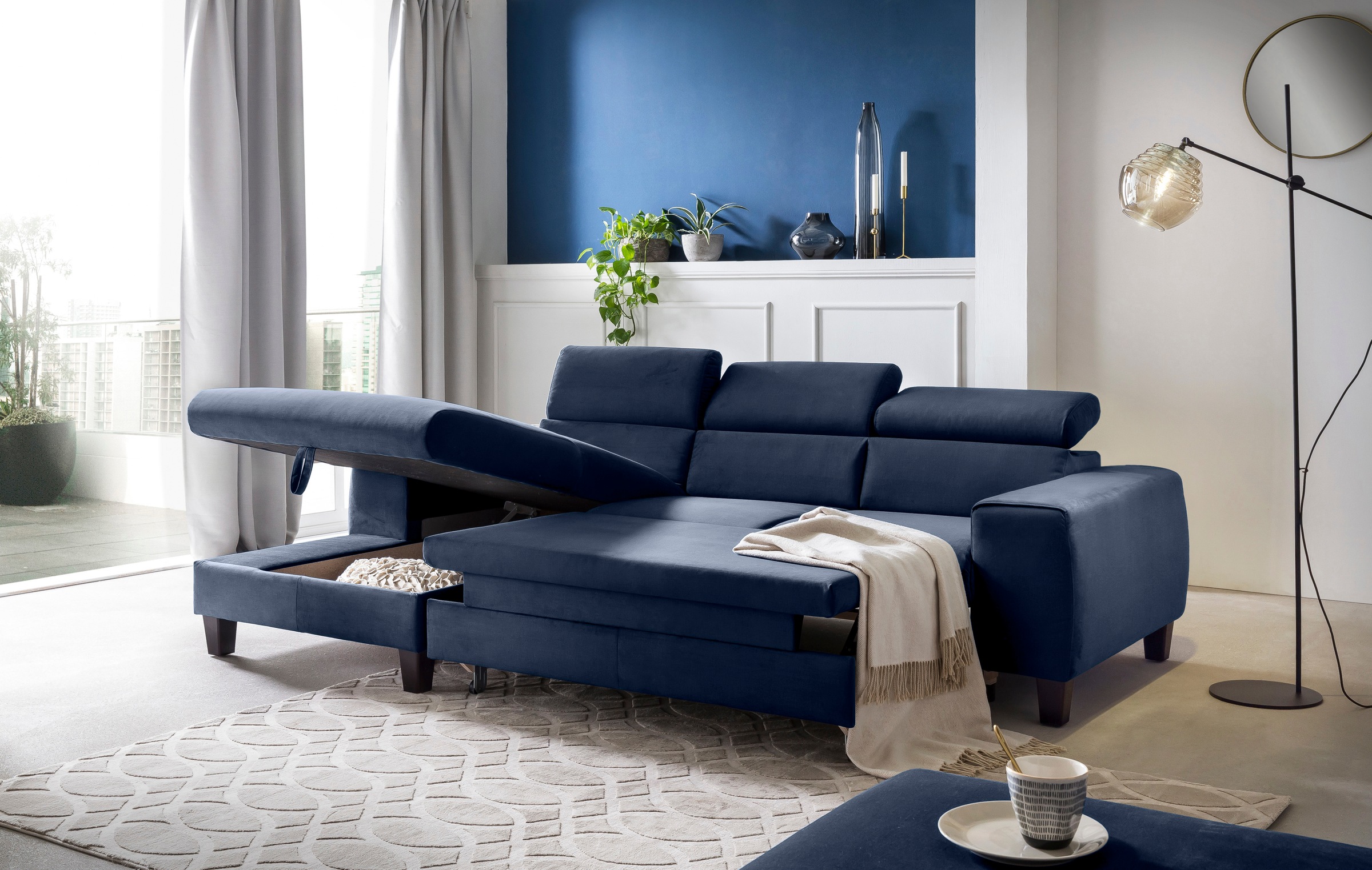 COTTA Ecksofa »Morven L-Form mit Kopfteilverstellung«, wahlweise mit Bettfunktion, Bettkasten & Wireless-Charger