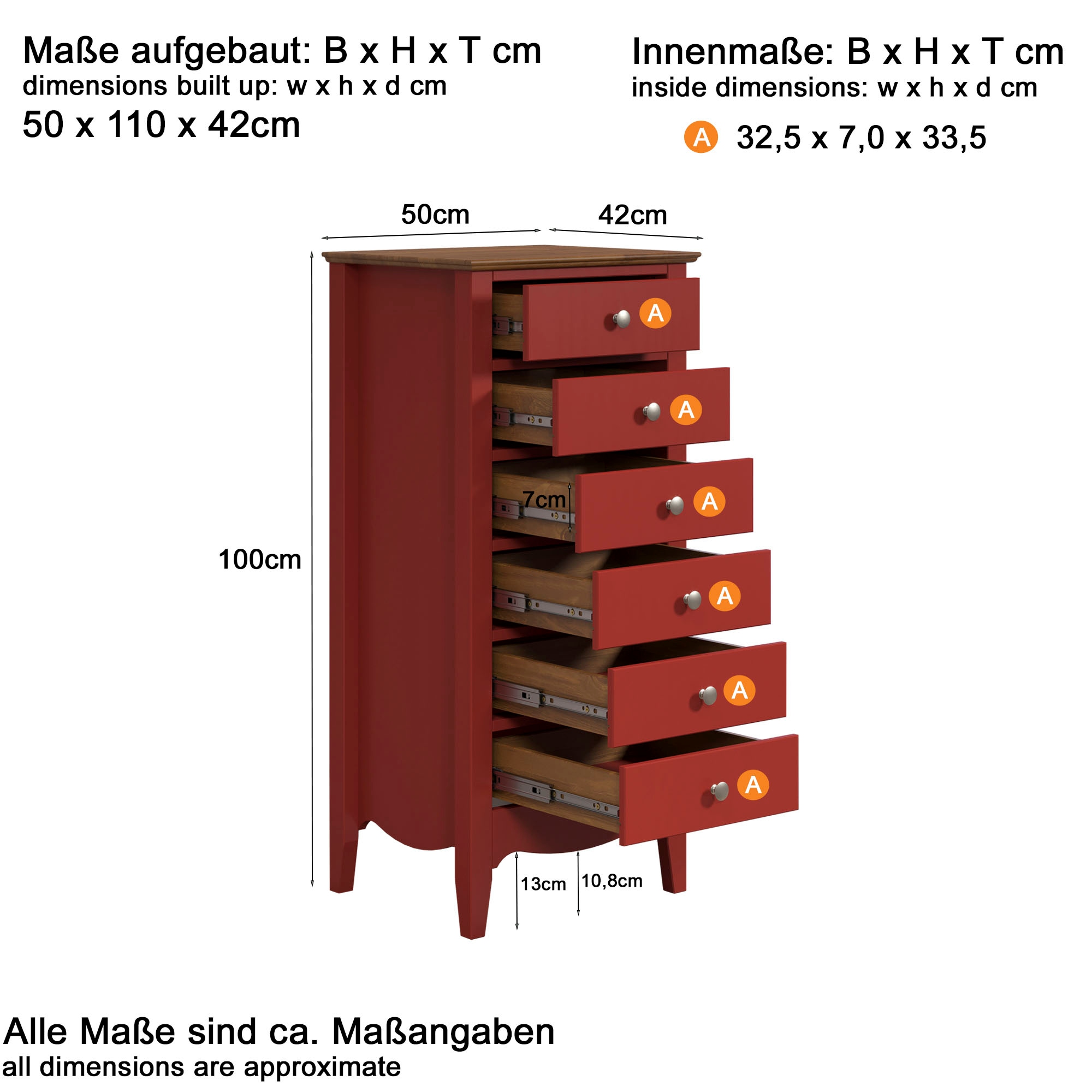 INTER-FURN Kommode »Lissabon«, Kiefer teilmassiv, 6 Schubkästen, Metallgriffe, B/H/T: 50/110/42 cm