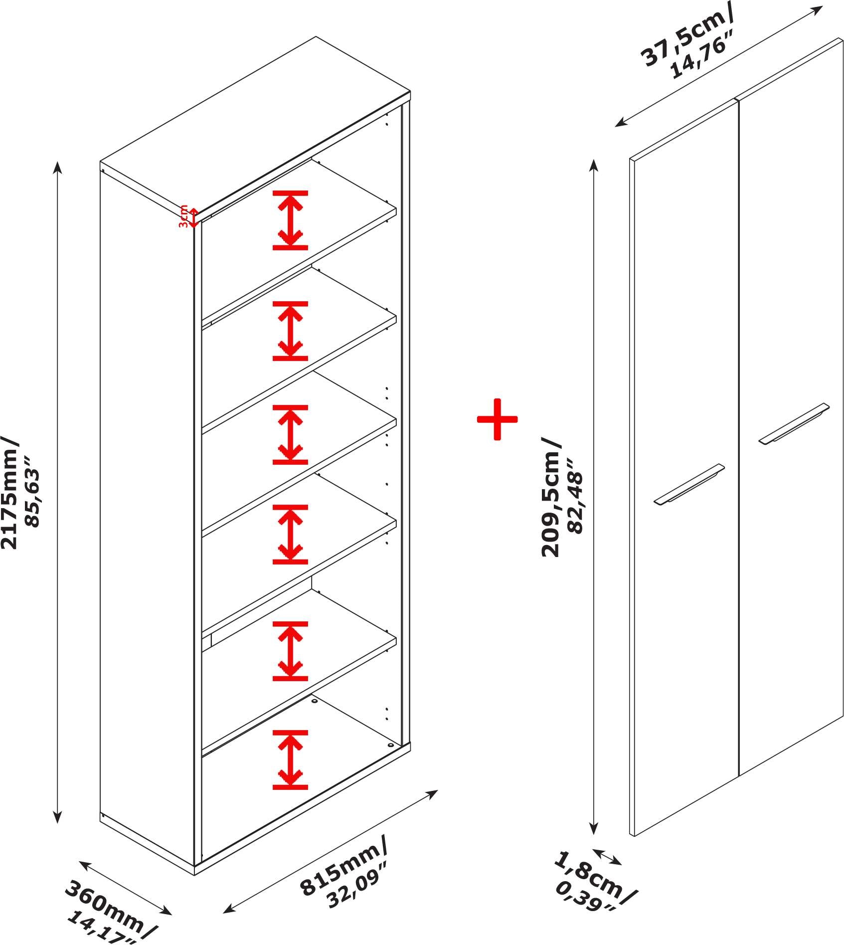 Composad Aktenschrank »DISEGNO, Bücherregal, 2 Türen, lackierte Fronten,«, verstellbare Böden, Höhe 217 cm, 100% recyceltes Holz, Made in Italy