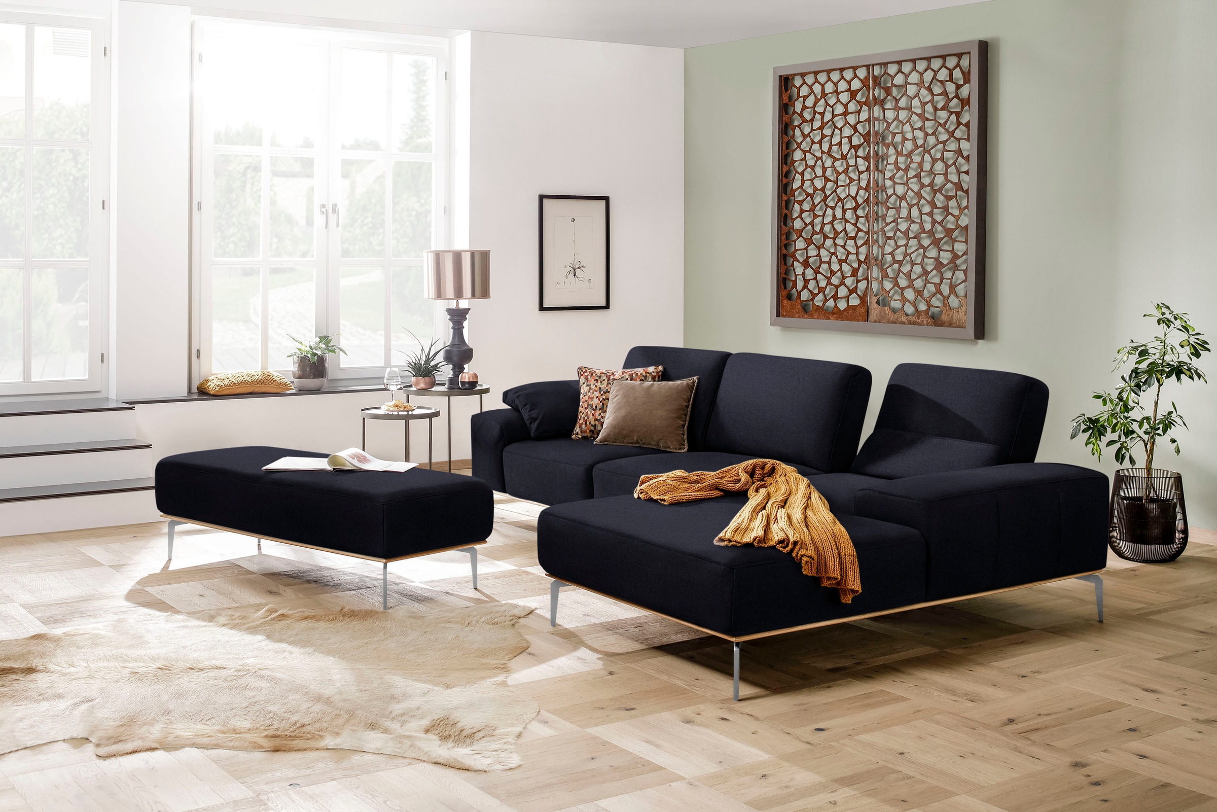 W.SCHILLIG Ecksofa »run, Designsofa mit tollem Sitzkomfort, bequem, L-Form«, mit elegantem Holzsockel, Füße in Chrom glänzend, Breite 319 cm