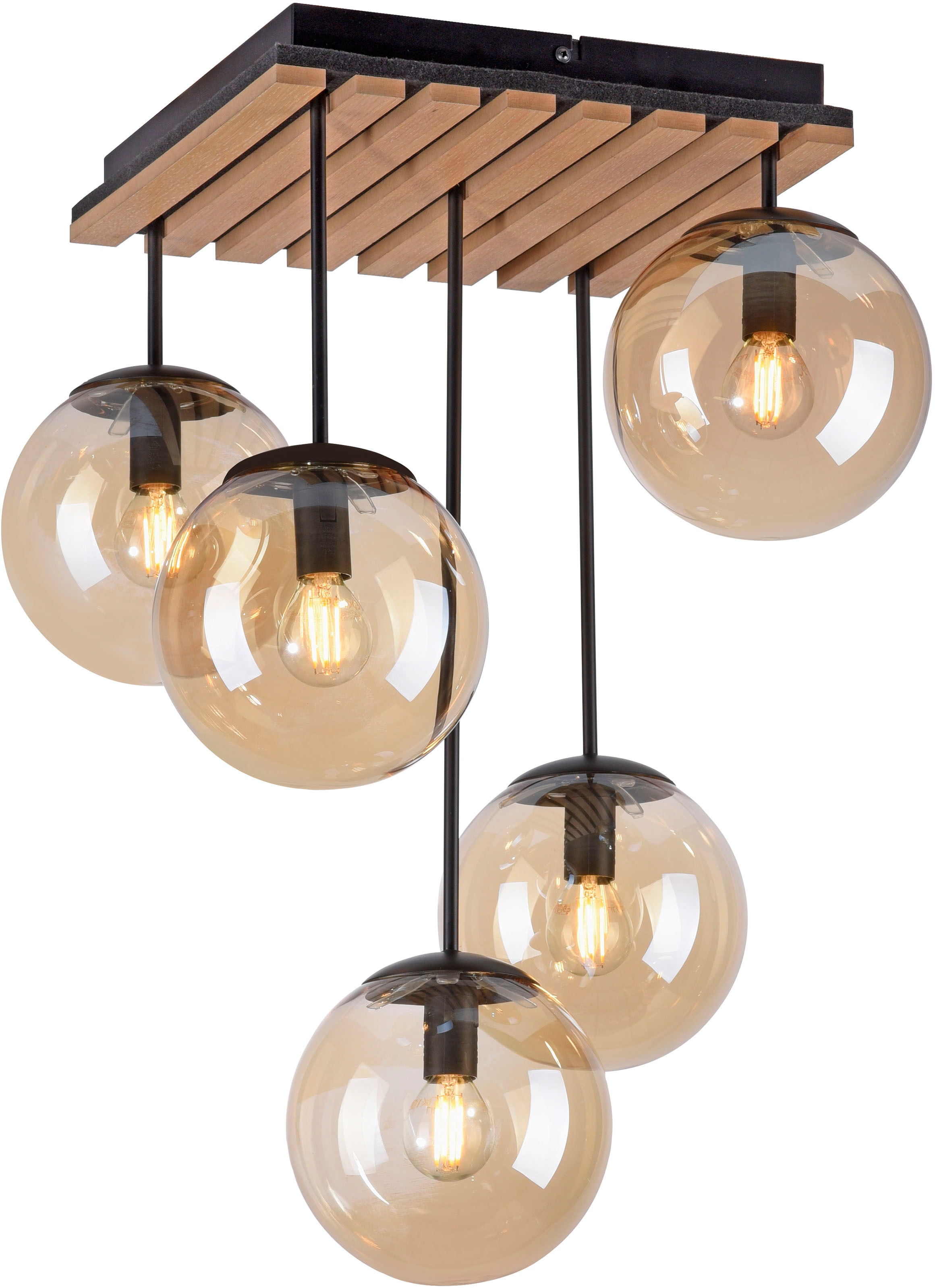 Leonique Deckenleuchte »Erinette Akustikpaneele mit Glaskugeln«, 5 flammig, Leuchtmittel E14 | ohne Leuchtmittel-Leuchtmittel wechselbar, Holz, Akustik, Paneele, Glas, Deckenlampe E14