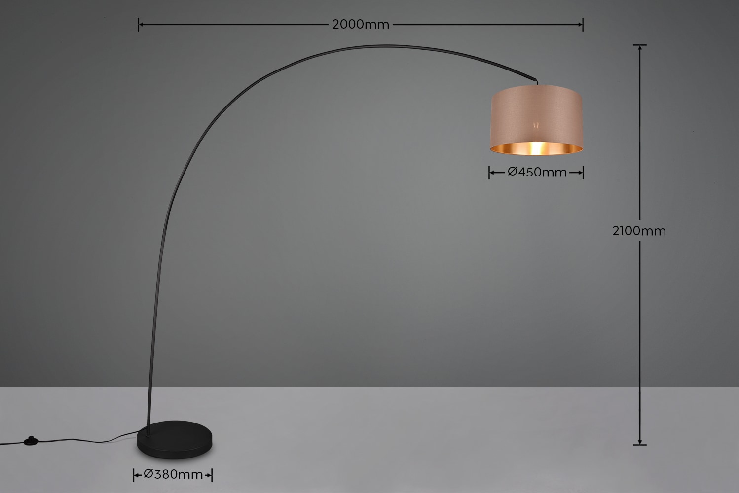 TRIO Leuchten Stehlampe »MANSUR, Bogenlampe mit Stoffschirm, exkl. 1x E27 max 60W, Fußschalter« E27 1 Stk. warmweiß - kaltweiß Bogenleuchte Wohnzimmer, Auslage 2m, Höhe 210cm, Schirm taupe/gold