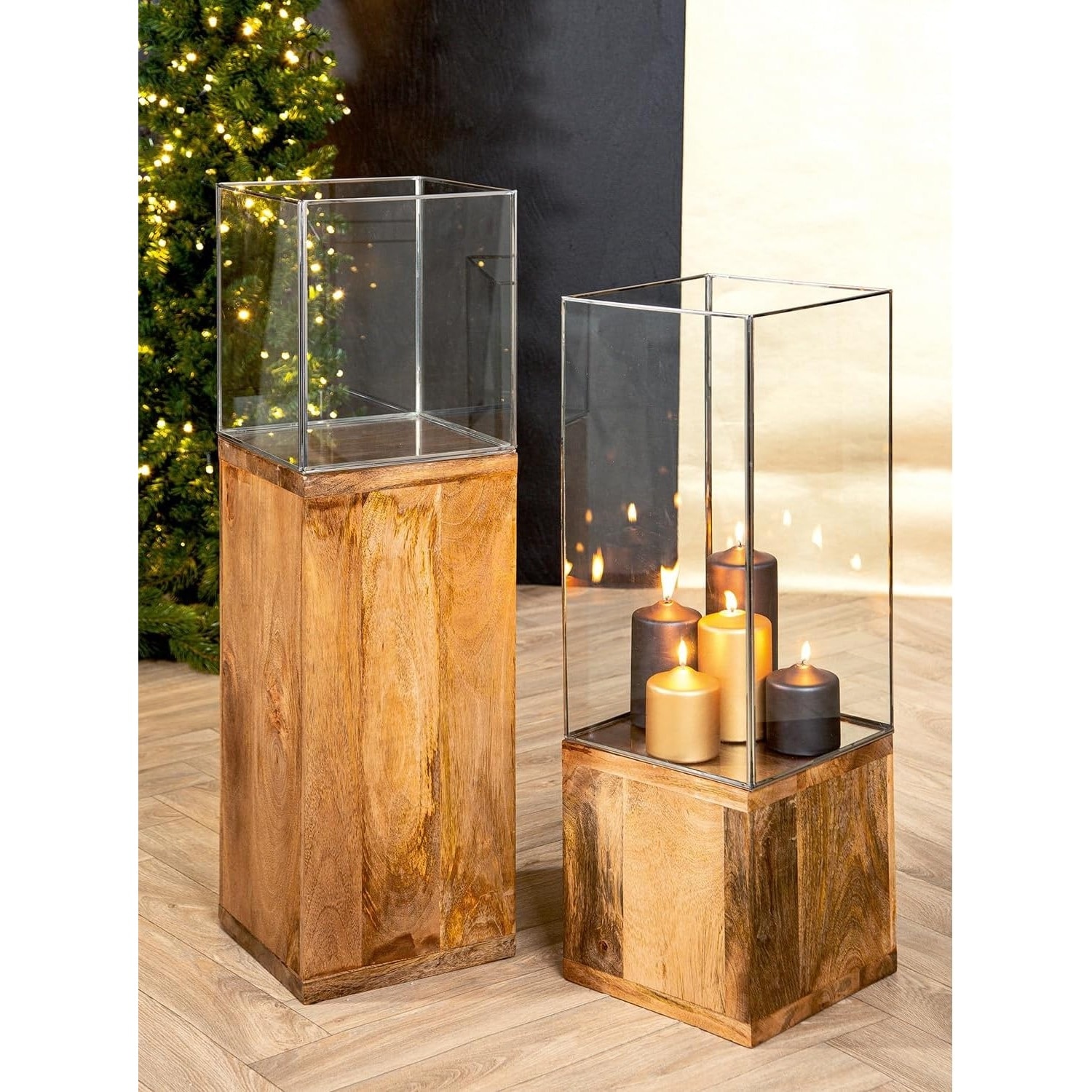 GILDE Bodenwindlicht »Windlicht, Kerzenhalter Säule, 91.26x26cm, Geschenkidee« aus massivem, geöltem Mangoholz, inklusive Glasaufsatz