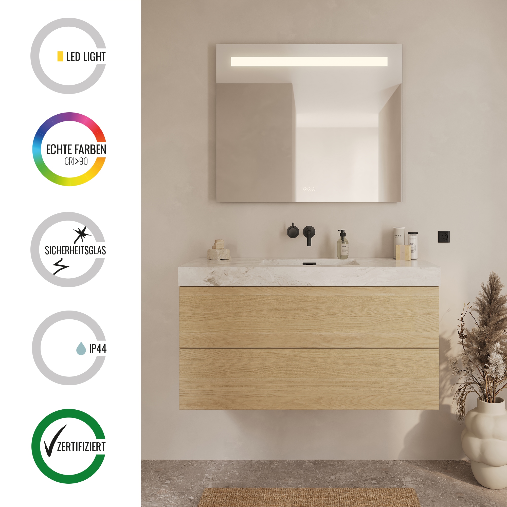 Loevschall Badspiegel »Lökken Quadratisch, Badzimmerspiegel mit LED Beleuchtung, Lichtspiegel«, Touchpanel für Lichtsteuerung, Verstellbarer Spiegel, Dänisches Design