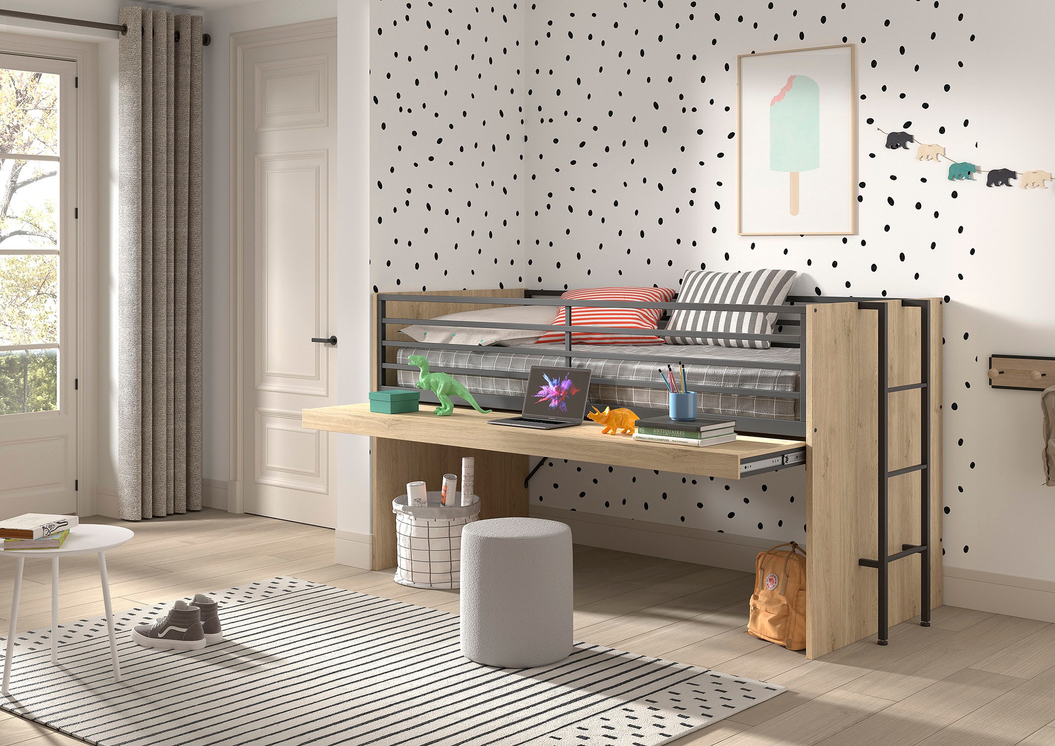 Vipack Hochbett »Sam, schlafen und arbeiten in einem, wahlweise Eiche- oder Weiß-Dekor« Liegefläche 90x200 cm, darunter eine große ausziehbare Schreibplatte,  Inkl. Absturzschutz u. Leiter, pflegeleichte Dekor Oberfläche