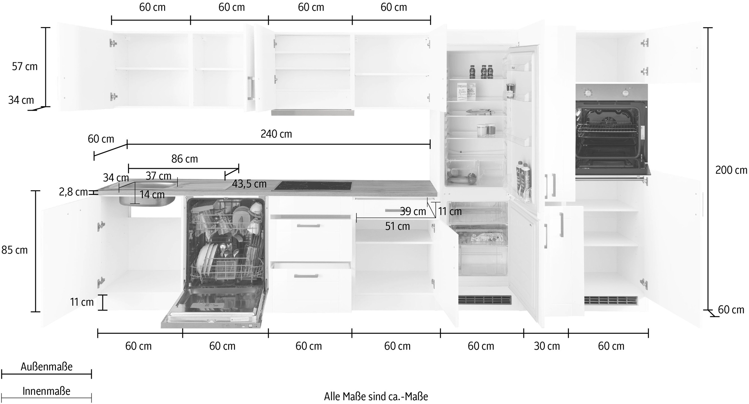 KOCHSTATION Küchenzeile »KS-Tinnum«, mit E-Geräten, Breite 390 cm