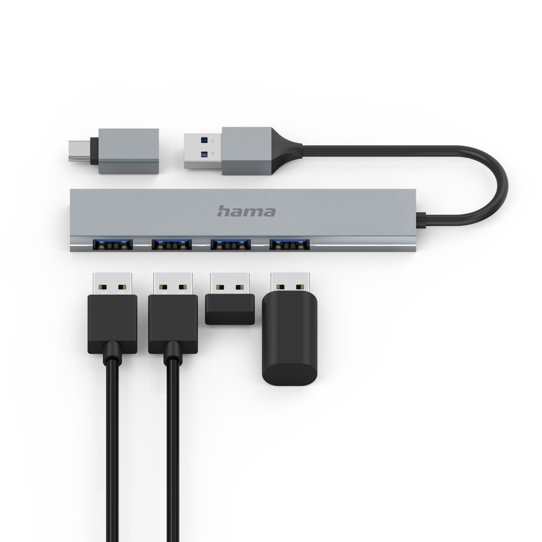 Hama USB-Adapter »USB Hub mit Adapter, 4 Ports mit USB C und USB A Stecker, Slim, grau«, USB Typ A-USB Typ C zu USB Typ A, 15 cm