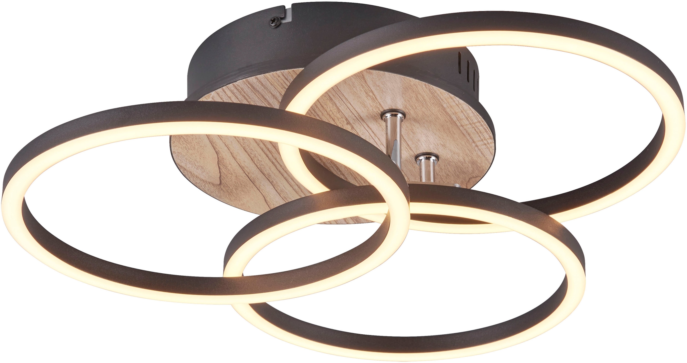 REALITY Leuchten LED Deckenleuchte »Circle«, 1 flammig, Leuchtmittel LED-Board | LED fest integriert, Deckenlampe holzfarb. mit schwenkbaren Ringen / inkl. Fernbedienung