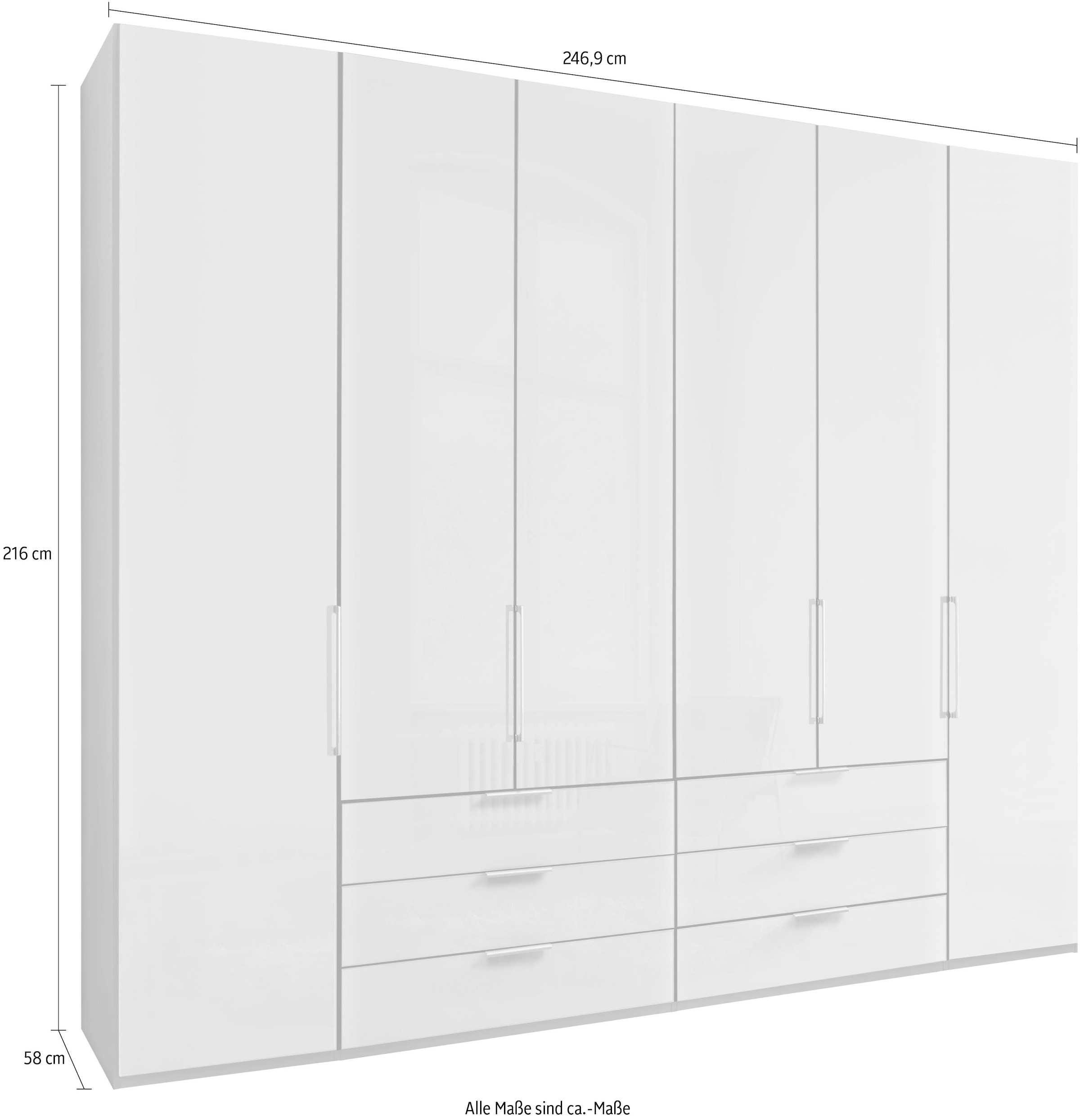 WIEMANN Falttürenschrank »Monaco, Kleiderschrank, Schrank, Wäscheschrank, mit edler Glasfront« 2 Breiten, 2 Höhen 216/236 cm auswählbar, MADE IN GERMANY,  inkl. gepämpften Schubkästen und Türen, mit Panoramaöffnung