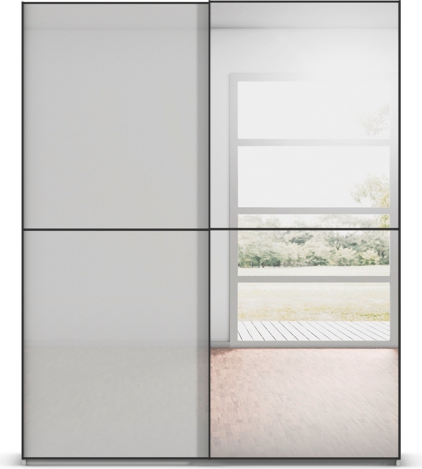 rauch Schwebetürenschrank »Kleiderschrank Schrank Garderobe Schlafzimmerschrank SCALE-DUO« edle zweigeteilte Türen Spiegel/Glas-Mix 3 Zierleisten MADE IN GERMANY