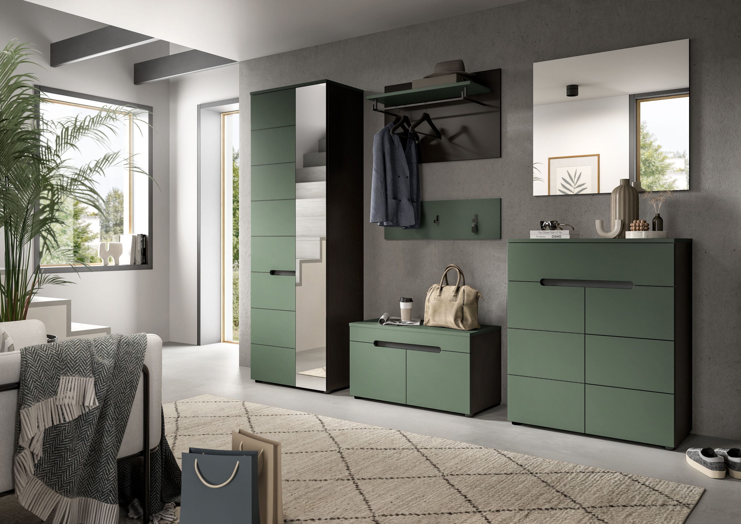 Home affaire Garderoben-Set »Rehat, Garderobenkombination, Breite 255cm« Garderobenschrank, Sitzbank, Paneel, Hakenleiste, Spiegel, Kommode, 6 Stk. tlg.