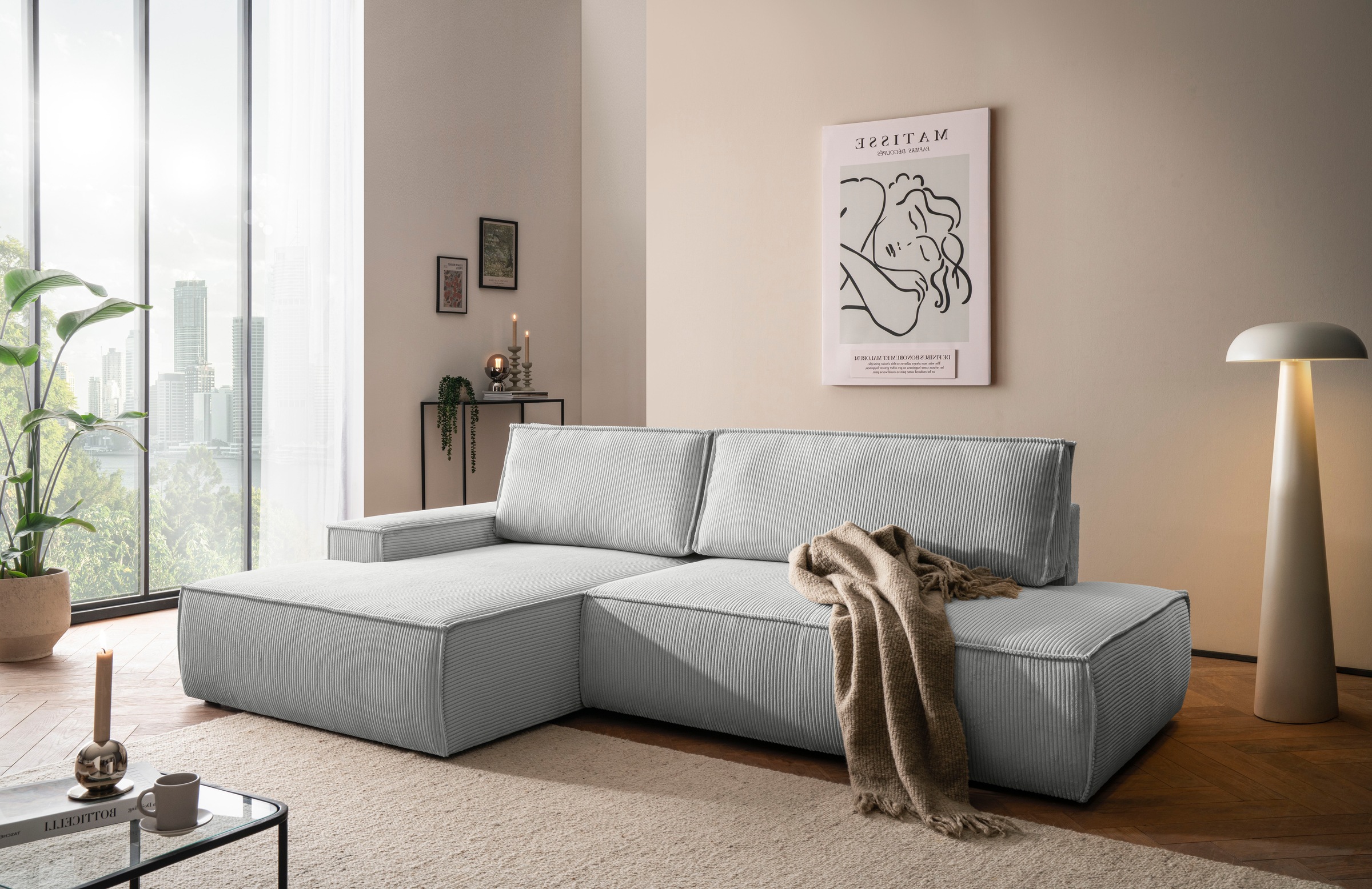 Home affaire Ecksofa »SHERWOOD, Schlafsofa in L-Form offen (275cm), Cord, Leinenoptik«, Schlaffunktion und Bettkasten, Kedernaht, hoher Sitz- & Liegekomfort