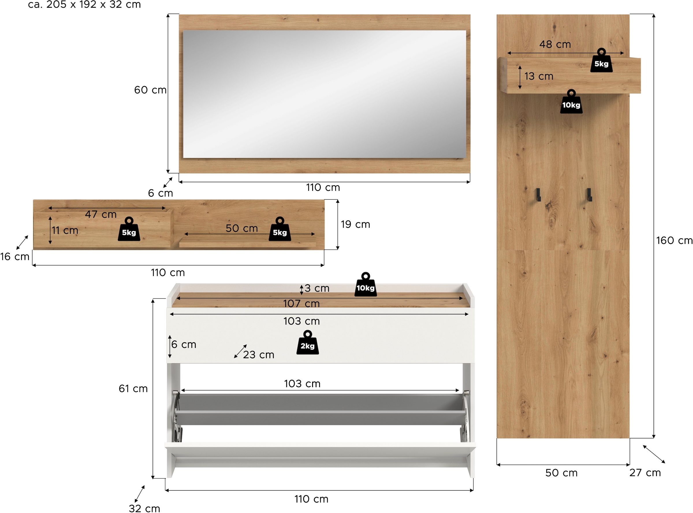 INOSIGN Garderoben-Set »EVRID, 4-teilig, Breite 205 cm, individuell hängbar & erweiterbar« best. aus.: Wandboard, Kommode, Spiegel, Garderobenpaneel, 4 Stk. tlg.