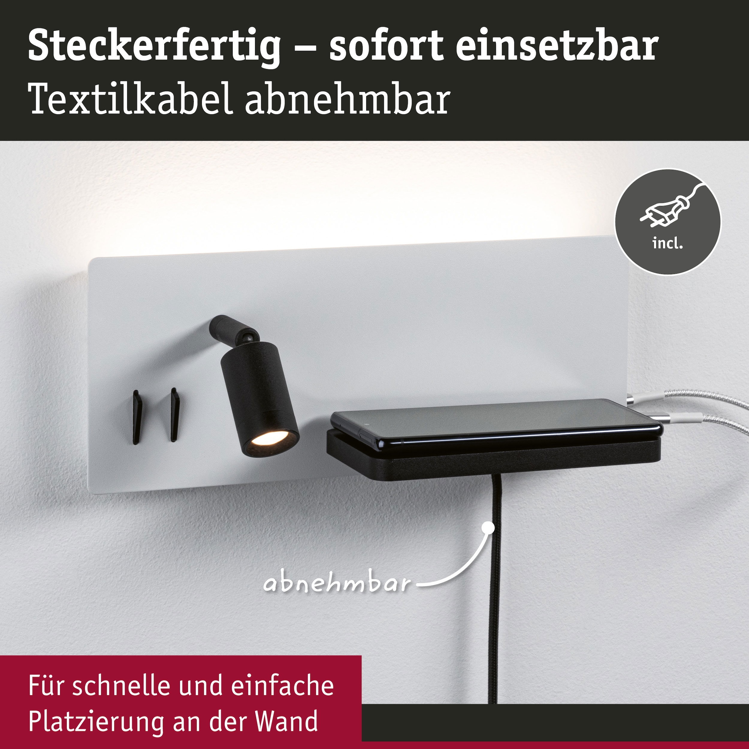 Paulmann LED Wandleuchte »Serra 2700K 650lm / 200lm 230V 5,5 / 1x2,6W« 1 Stk. Warmweiß Bettleuchte, USB C, dimmbar