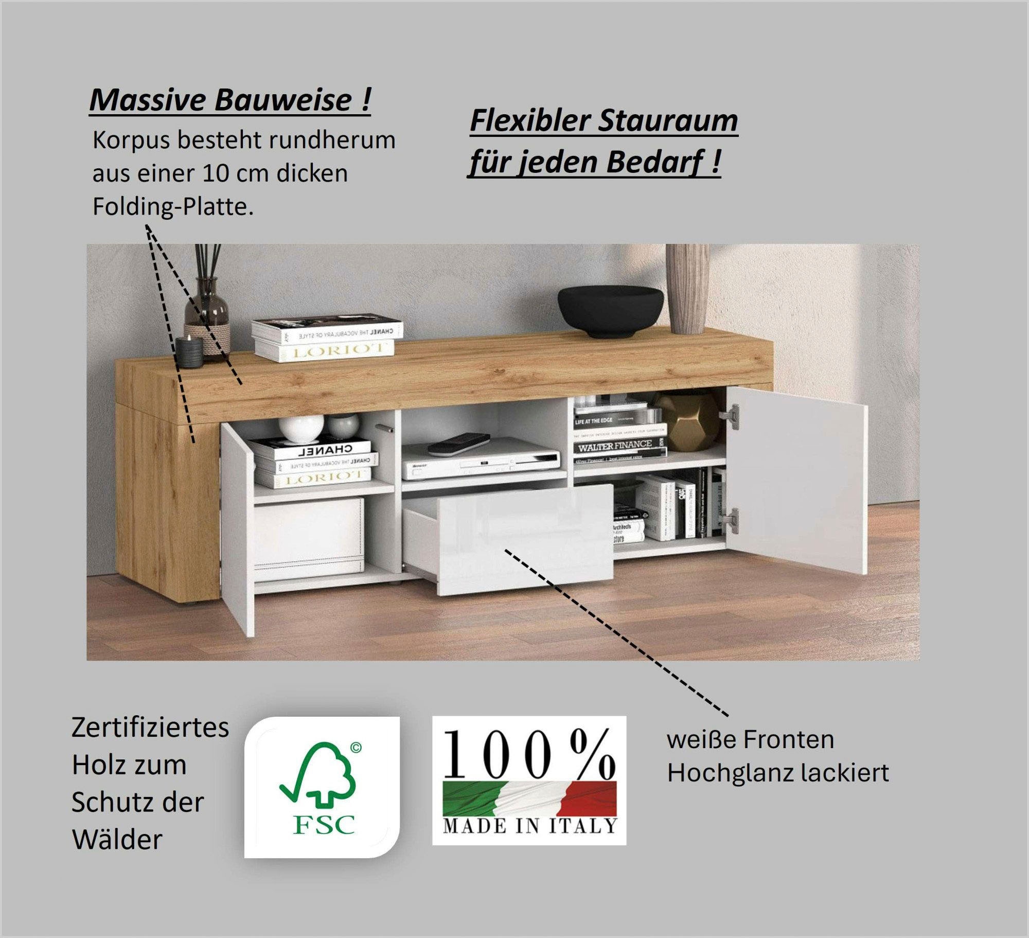 INOSIGN Lowboard »CHRONOS Breite 155 cm mit 2 Türen, 1 Schublade,1 offenes Fach« 1 Stk. tlg. TV-Board, Sideboard niedrig, Grifflos mit Push to Open 'Made in Italy'