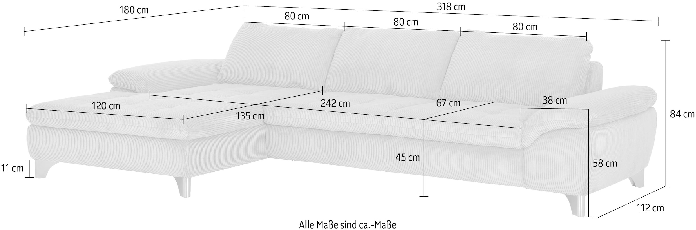 Die PlanBar Ecksofa »MP-IN14007, Breite 318 cm« wahlweise mit Bettfunktion und verstellbaren Kopfstützen