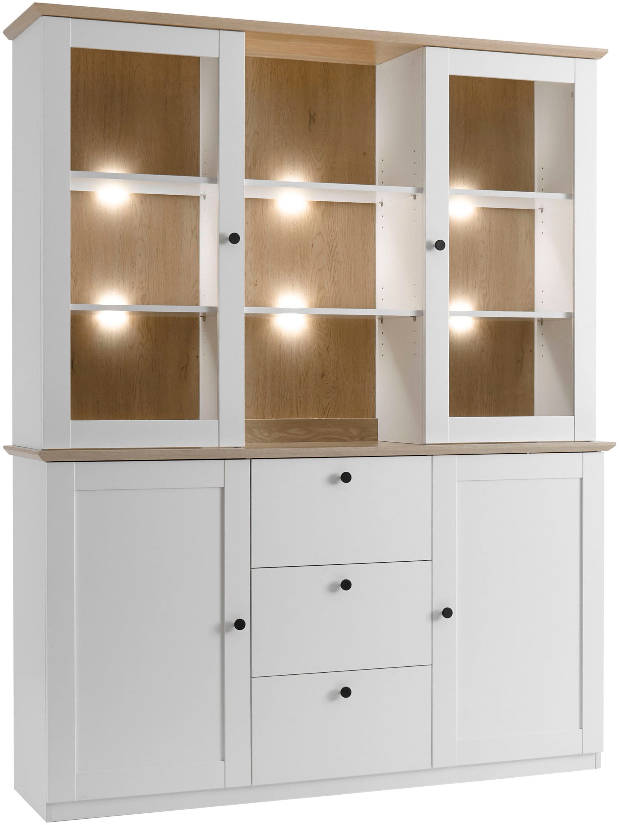 OTTO home Buffet »Brest, Hochschrank im Landhausstil, Schrank, Küchenschrank« schwarze Metallgriffe, viel Stauraum, Glastüren, 164 cm breit