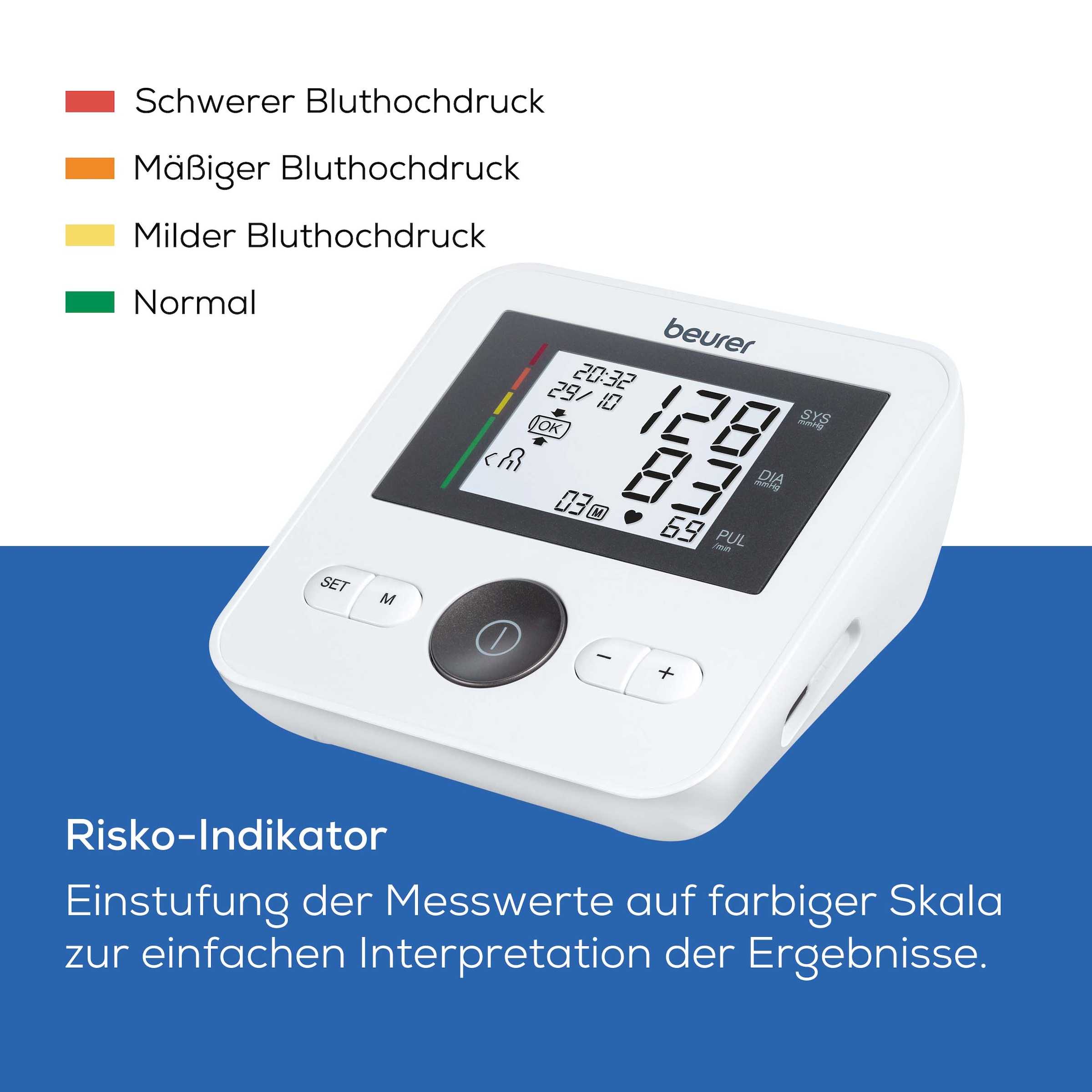 BEURER Oberarm-Blutdruckmessgerät »BM 27+ mit Arrhythmie-Erkennung und farbiger Messergebnis-Skala«, mit Manschetten-Sitzkontrolle und farbiger Messergebnis-Skala