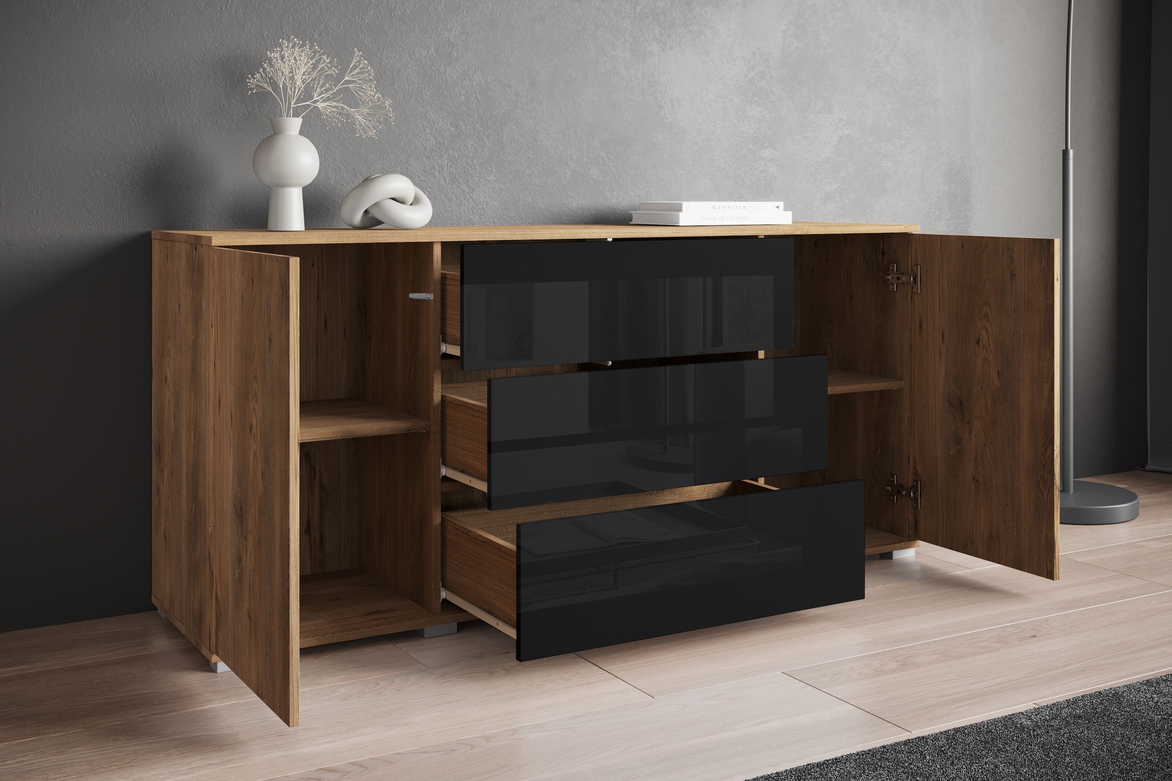 INOSIGN Sideboard »Kenia«, (1 St.), Modernes Sideboard mit 3 Schubladen und 4 Fächern, Breite 150 cm