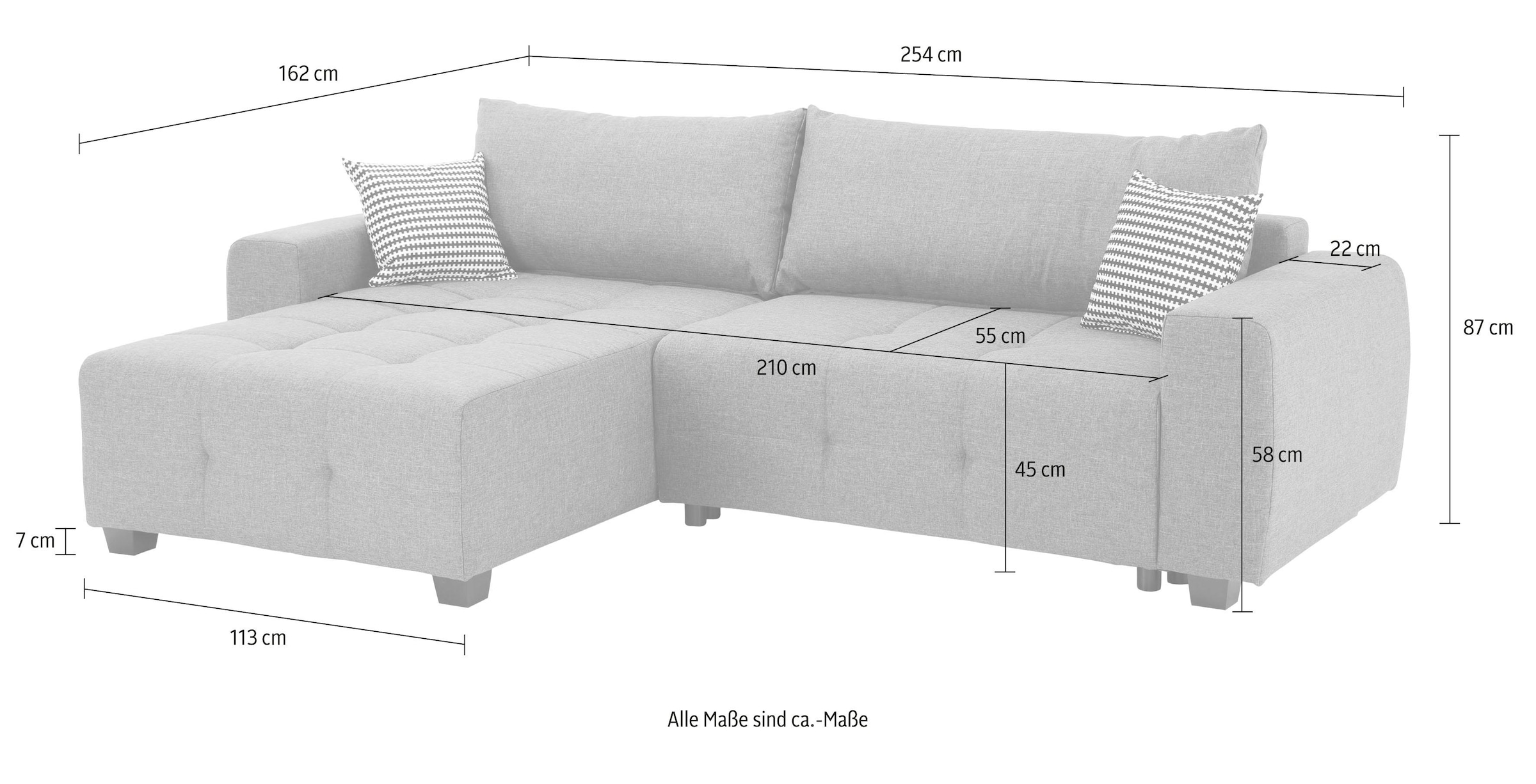 Home affaire Ecksofa »Bella L-Form, B: 254 cm« mit 2 Zierkissen, optional Bettfunktion & Bettkasten, Federkern