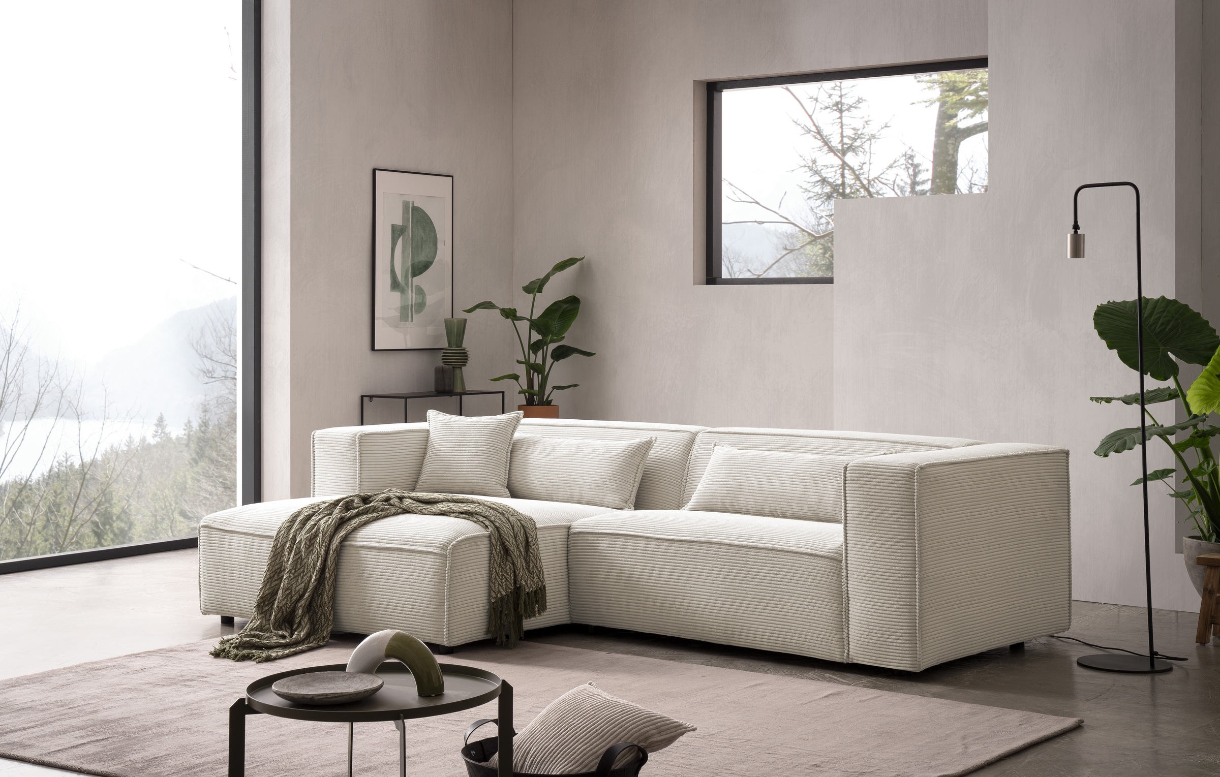 LeGer Home by Lena Gercke Ecksofa »PIARA mit Kedernaht in Cord oder Leinenoptik, moderne Couch in L-Form«, wahlweise Ottomane rechts/links, schwarze Füße, bequemer Sitzkomfort