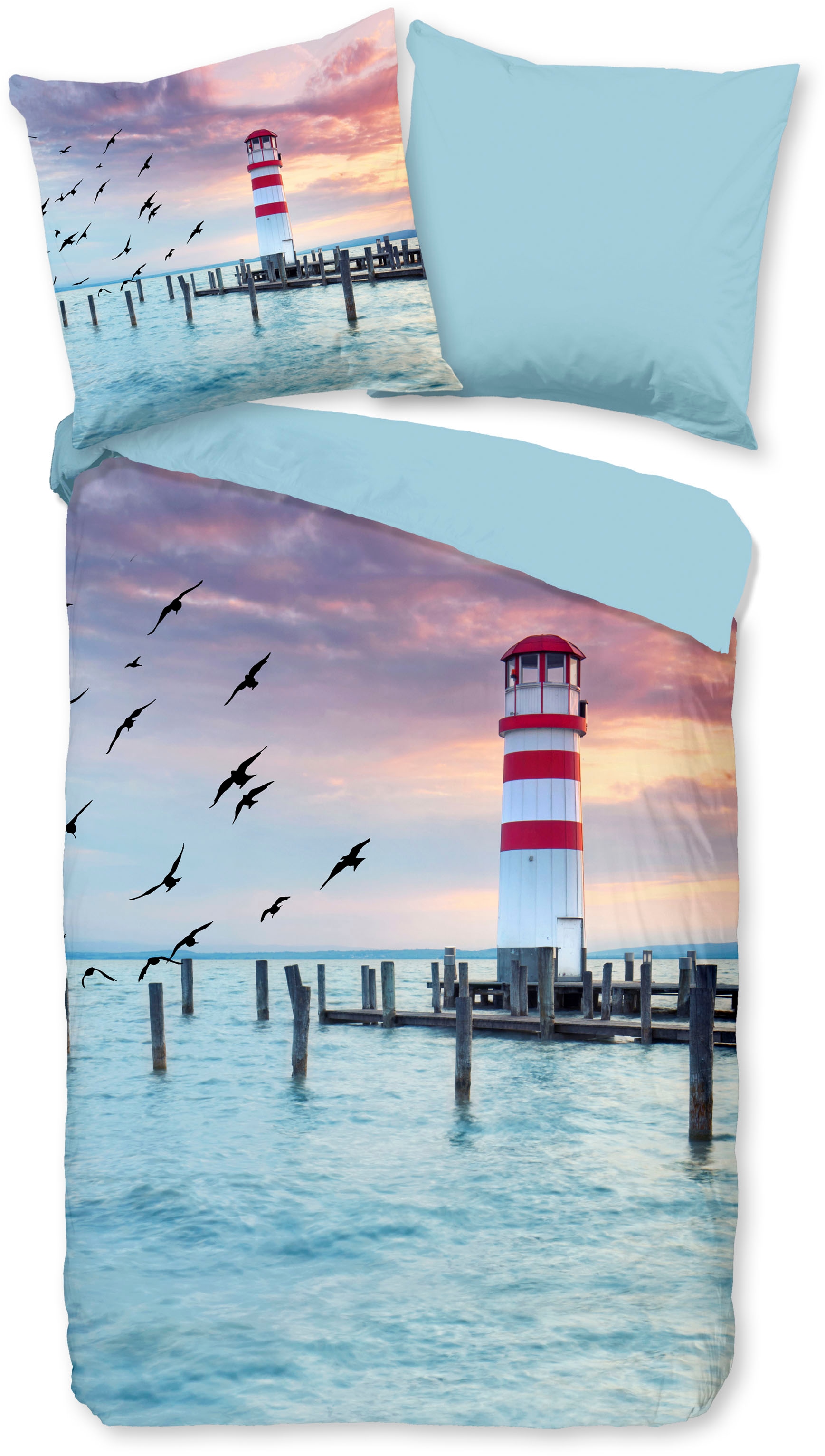 PURE luxury collection Wendebettwäsche »Lighthousee«, Mikrofaser, 135x200, Pflegeleicht, Reißverschluss, Wende, Strand, Meer