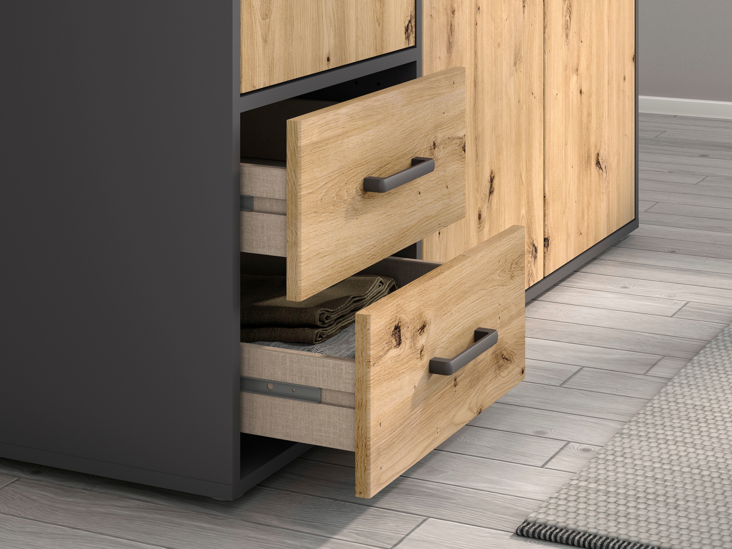 rauch Drehtürenschrank »Kleiderschrank Schrank Garderobe Wäscheschrank VOYAGER«, (in 3 verschiedenen Ausstattungen BASIC/CLASSIC/PREMIUM), moderne Griffe in Graumetallic mit Außenschubkästen MADE IN GERMANY