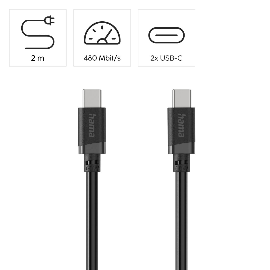 Hama USB-Kabel »USB-C Ladekabel 2 m schwarz« USB-C 200 cm Schnellladen, 480 Mbit/s, 60 W Leistung, breite Kompatibilität