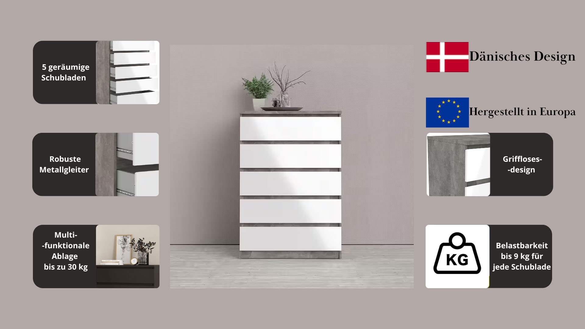 INOSIGN Kommode »Naia, Aufbewahrung, 5 Schubladen, Matt-Optik, grifflose Front« Modern, skandinavisches Design, in mehrere Farben, Hoch