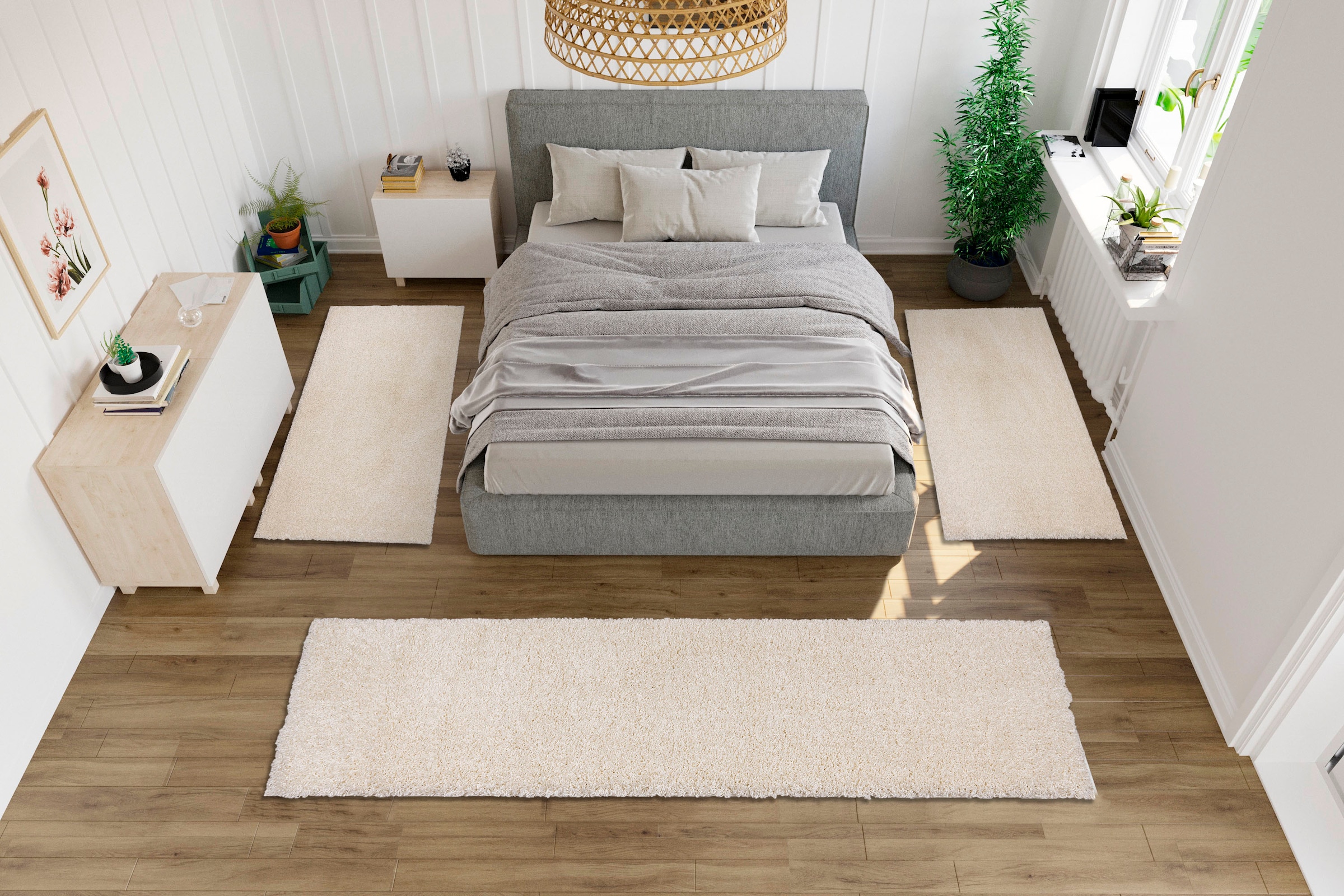my home Bettumrandung »Shaggy 30«, (3 tlg.), gewebt, 2- oder 3-teilig, Bettvorleger, Läufer-Set, Uni-Farben