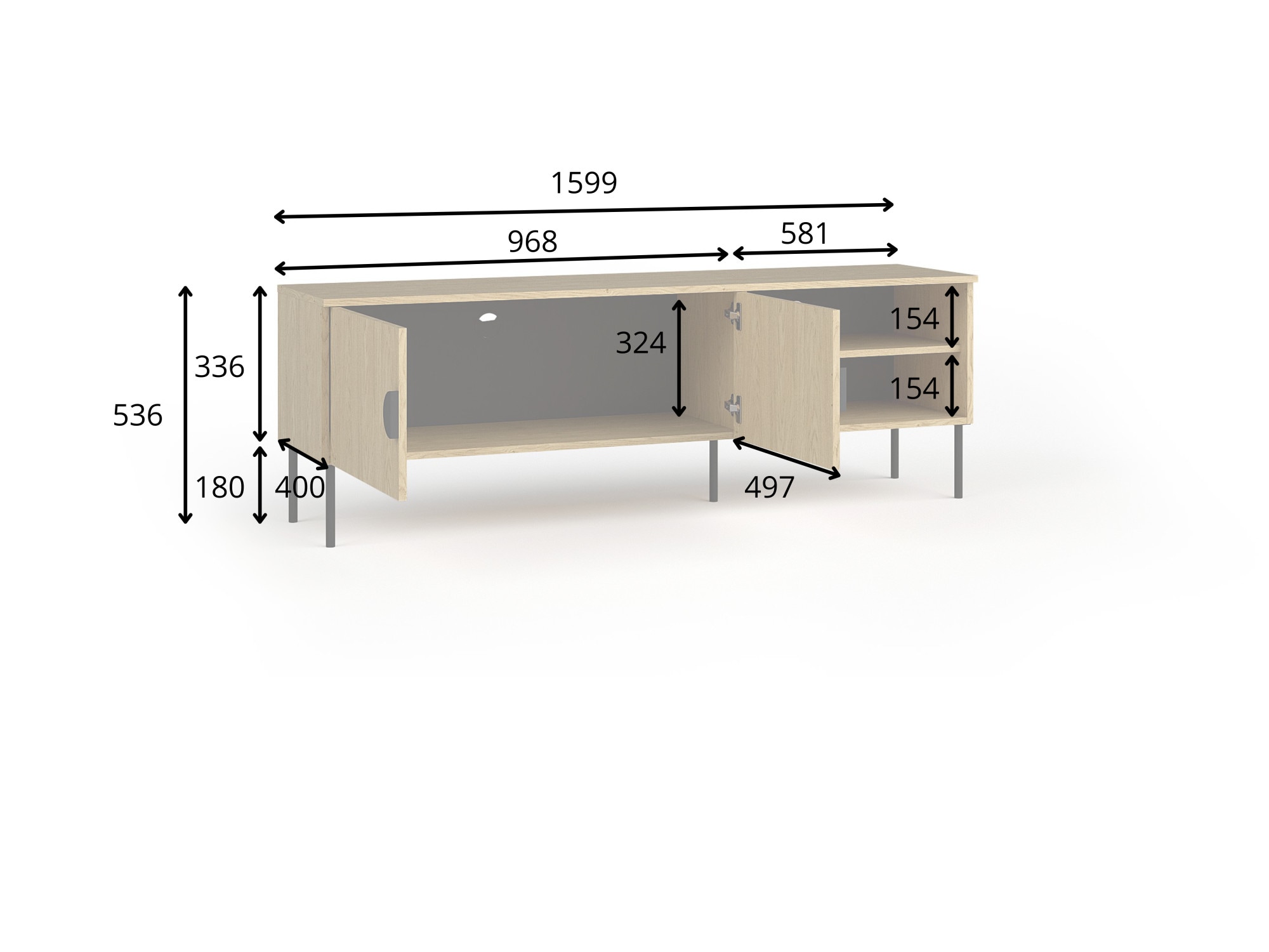 Leonique Lowboard »BELLOT TV-Schrank mit 2 Türen, Maße B/T/H: 160/40/53,6 cm«, (1 St.), in baltischer Eichenfarbe, mit holzähnlicher Struktur