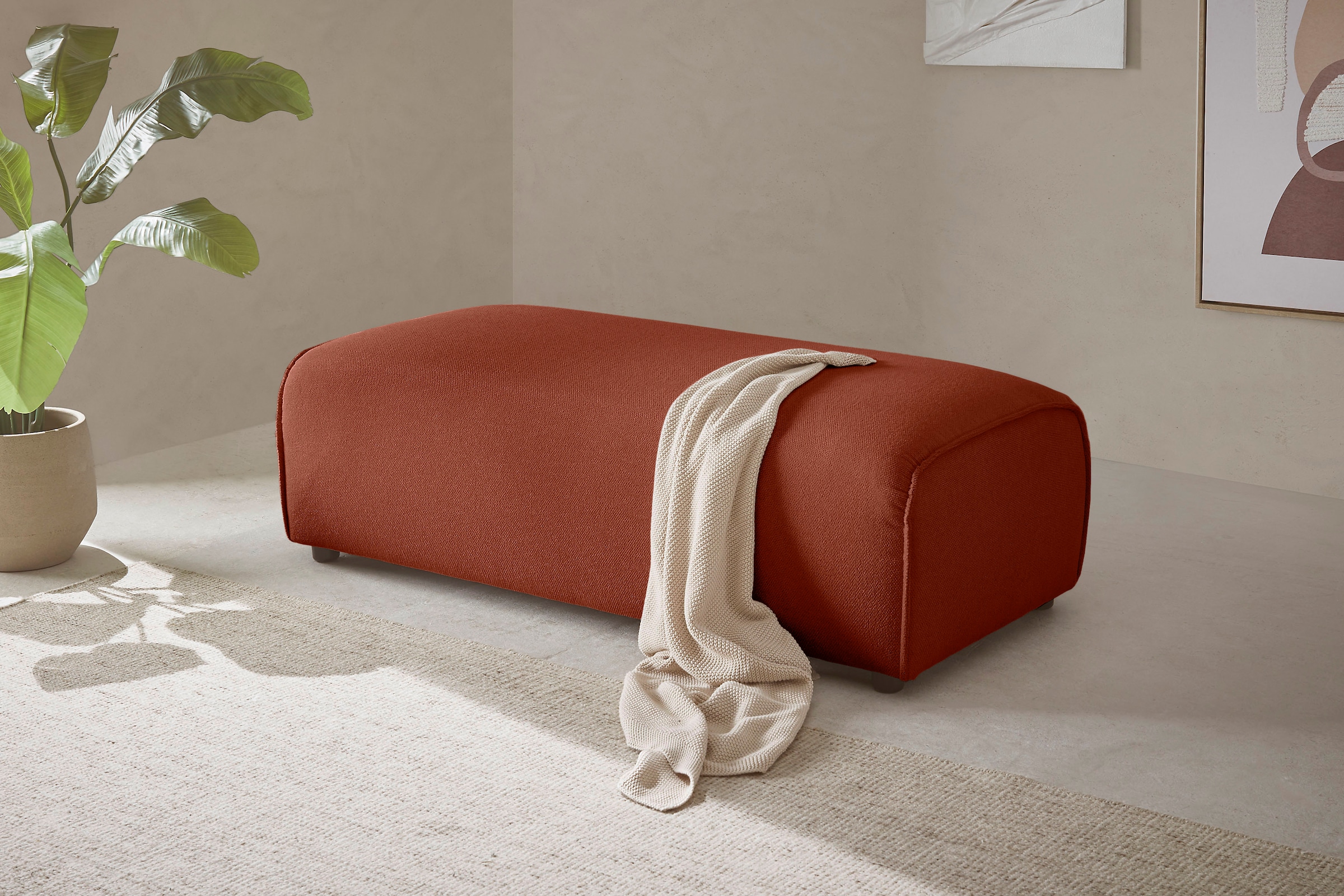 LeGer Home by Lena Gercke Hocker »PIARA, Polsterhocker mit Kedernaht, Cord, Leinenoptik o. Strukturstoff« zur Serie PIARA, rechteckig, schwarze Füße, bequemer Sitzkomfort