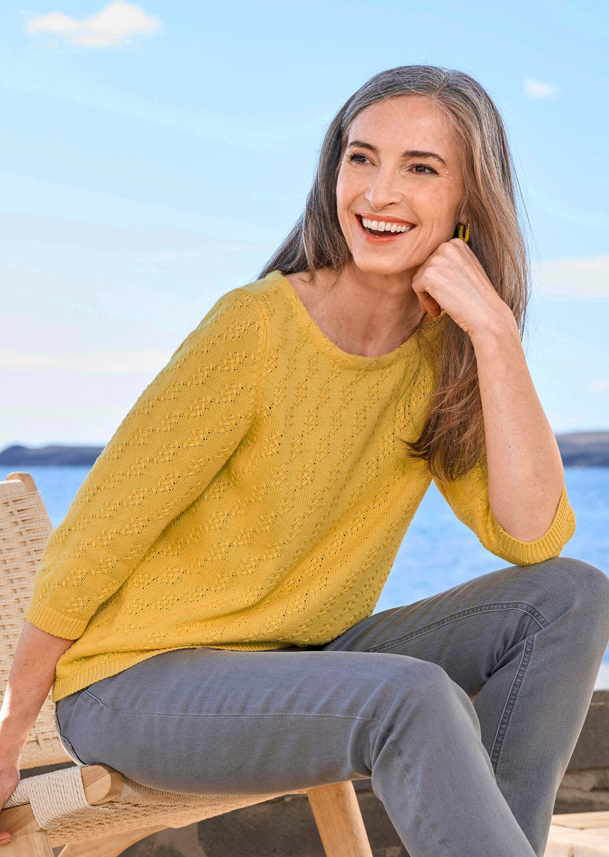 GOLDNER Rundhalspullover »Kurzgröße Halbarm Baumwollpullover mit Struktur« 3/4-Ärmel