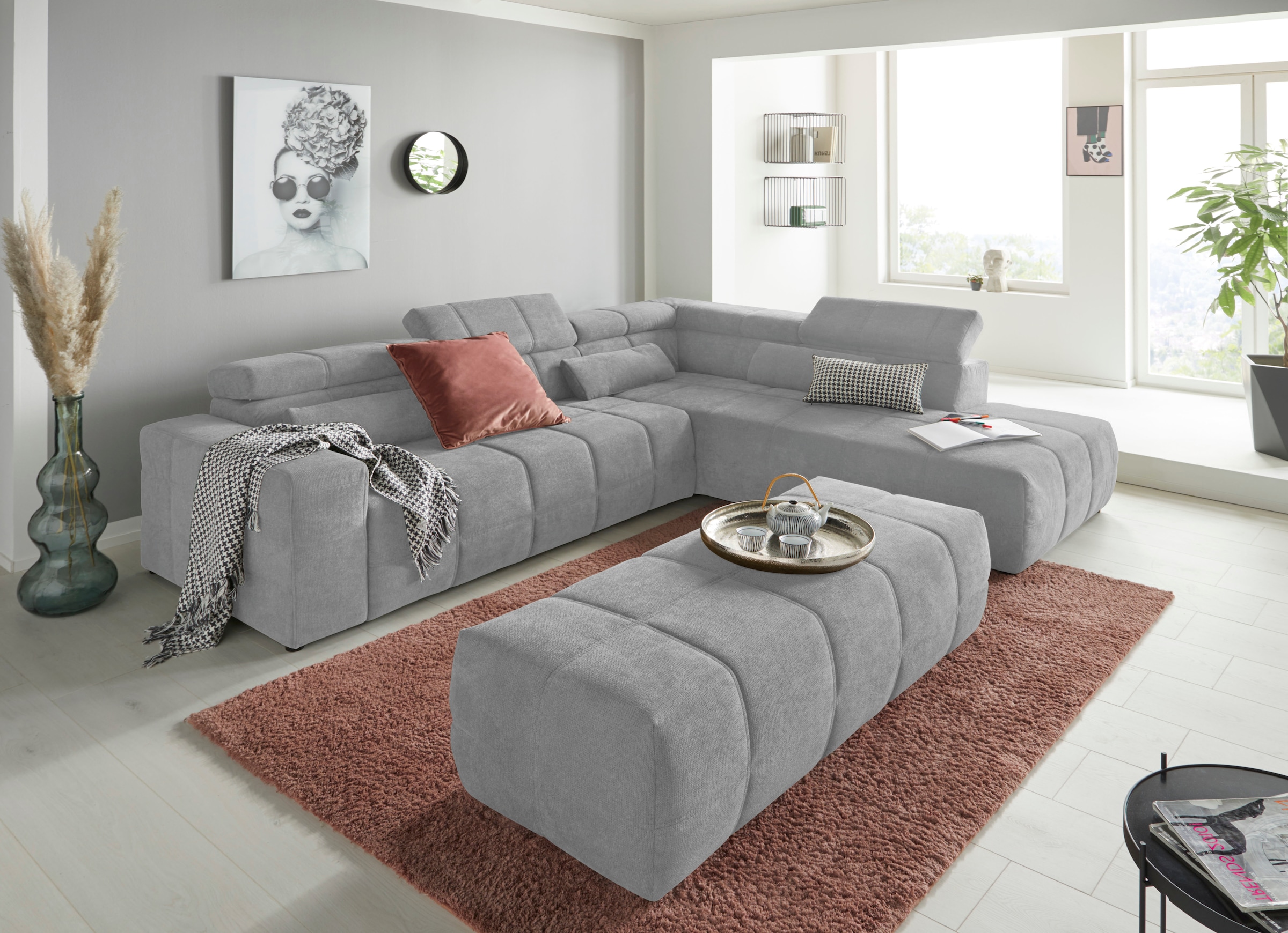 DOMO collection Ecksofa »Brandon L-Form, auch in Leder«, inklusive Kopfteilverstellung, wahlweise mit Sitztiefenverstellung