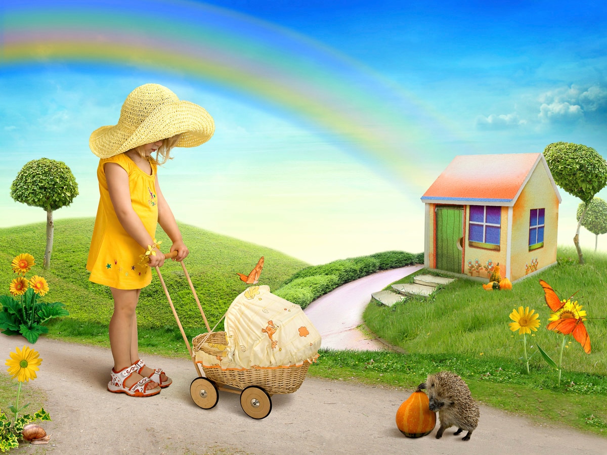 Papermoon, Fototapete »Kind mit Kinderwagen«, bunt, Vlies, B/L: 3,5 m m x 2,6 m m - Bahnen: 7 Stk. St., bunt