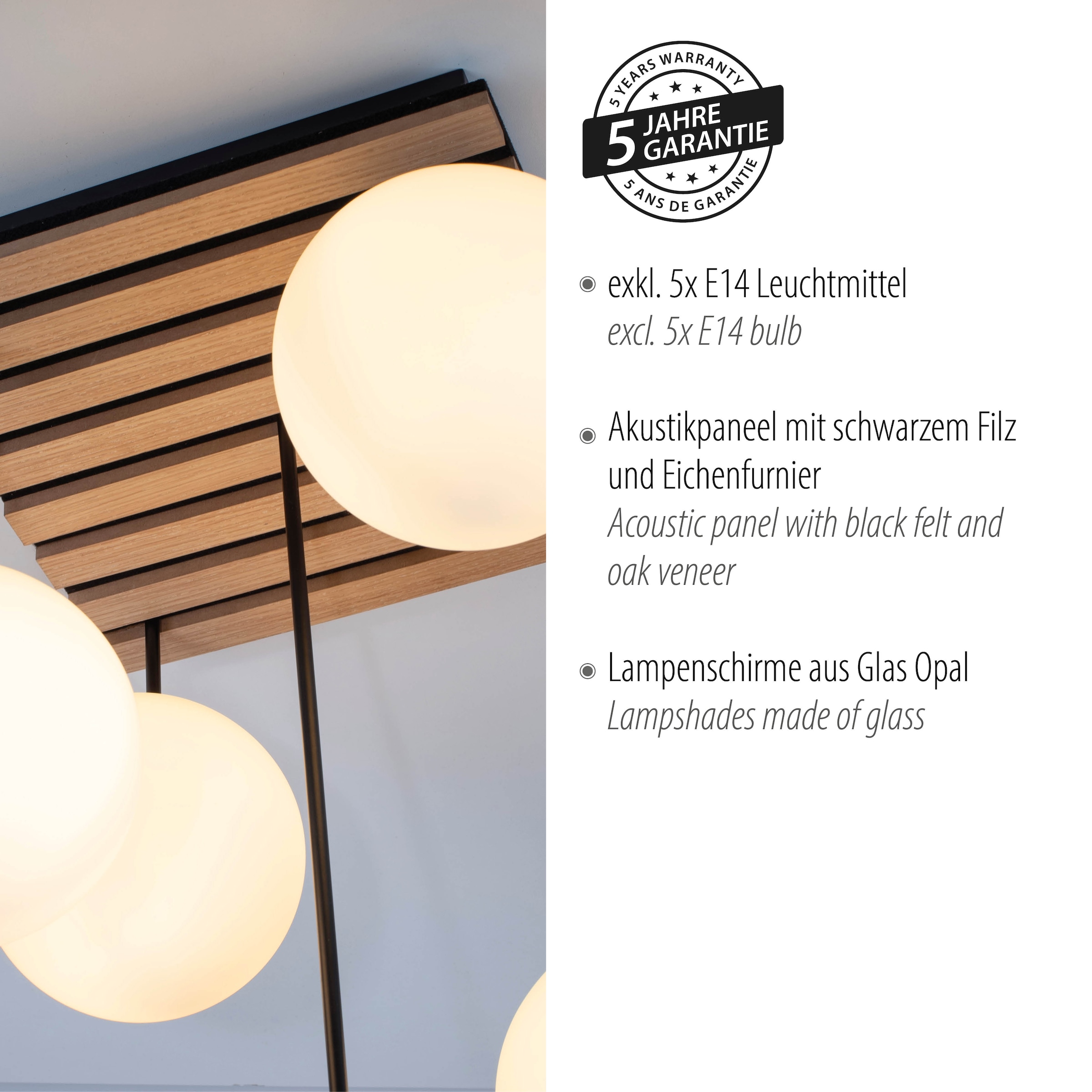 Leonique Deckenleuchte »Erinette Akustikpaneele mit Glaskugeln«, 5 flammig, Leuchtmittel E14 | ohne Leuchtmittel-Leuchtmittel wechselbar, Holz, Akustik, Paneele, Glas, Deckenlampe E14