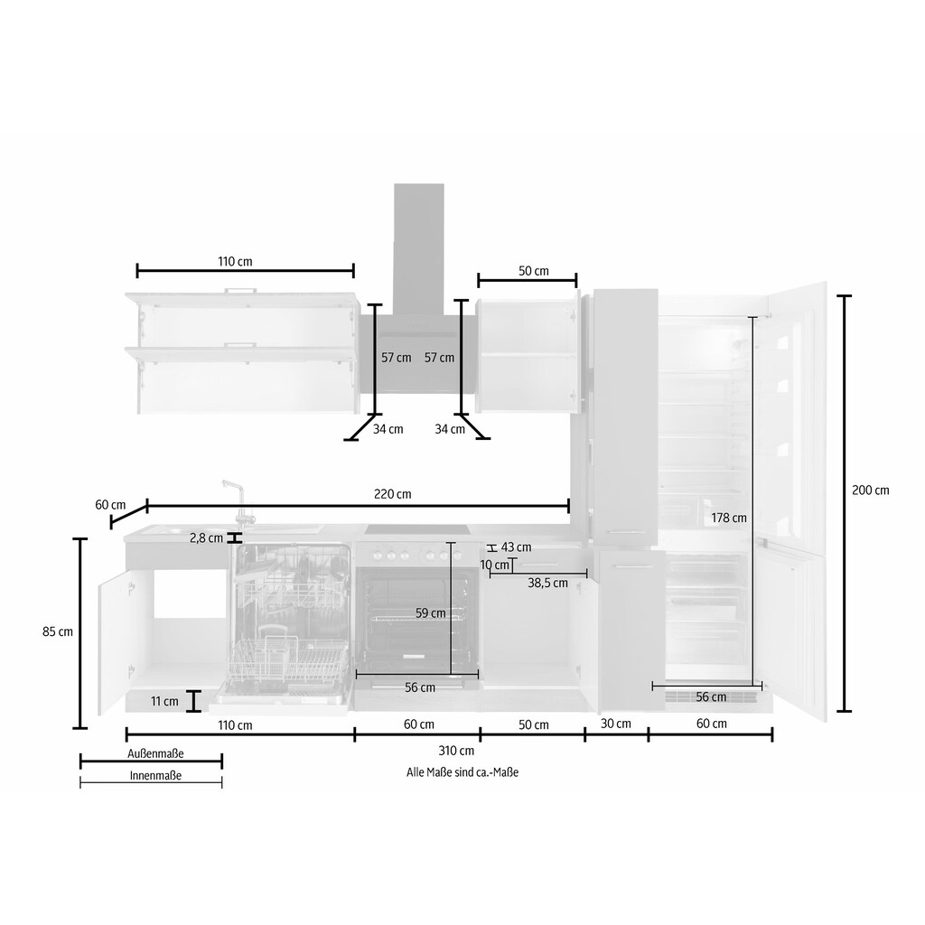 HELD MÖBEL Küchenzeile »Utah«, mit E-Geräten und großer Kühl- Gefrierkombination, Breite 310 cm