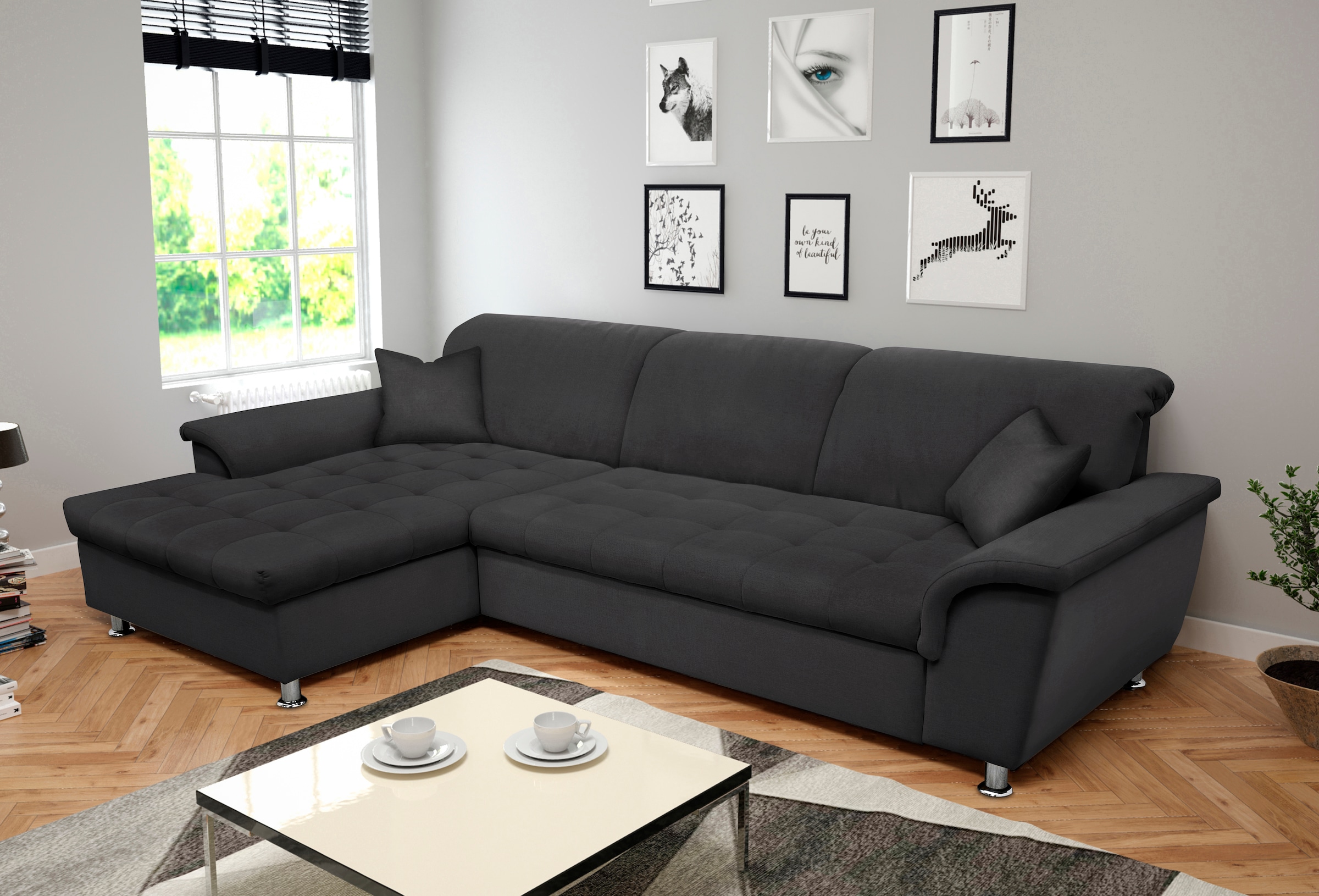DOMO collection Ecksofa »Franzi B/T: 278/162 cm,  L-Form, , belastbar bis 140kg/ Sitz« Flachgewebe, graphite