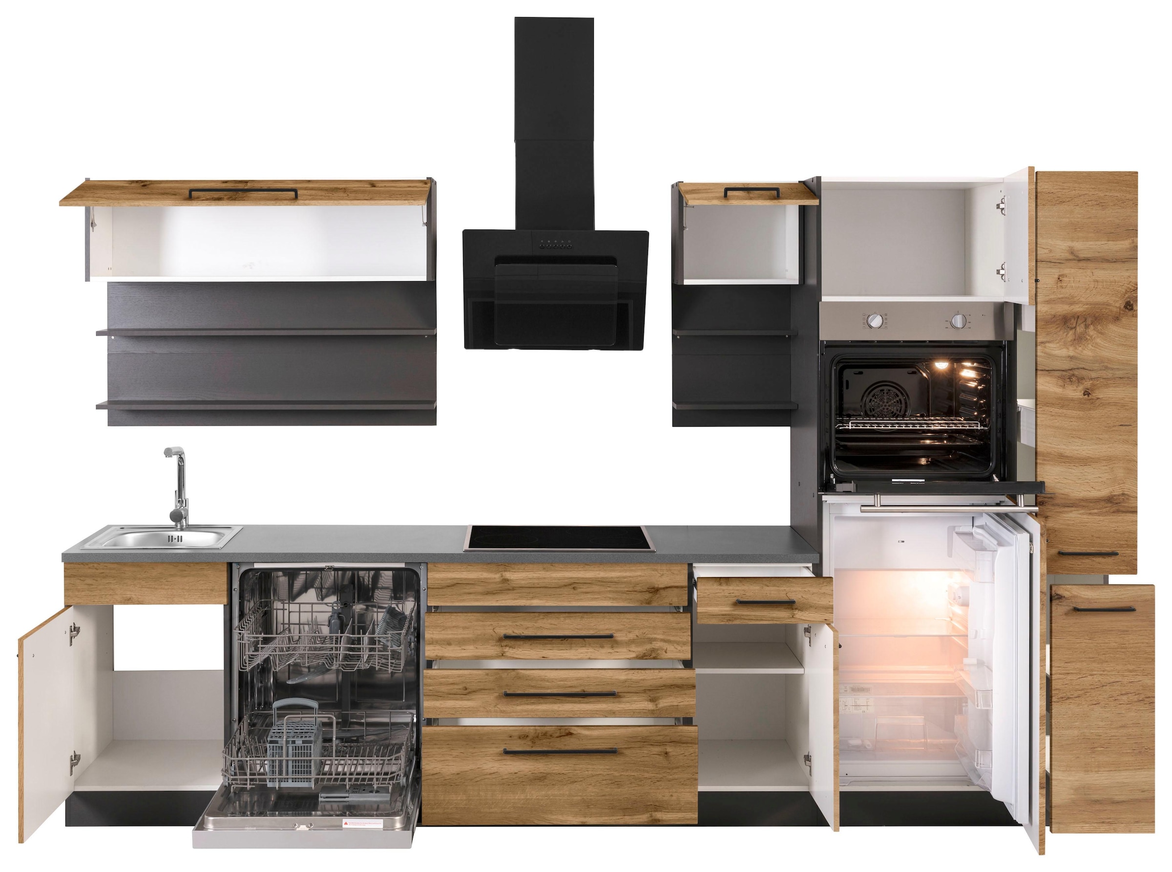 KOCHSTATION Küchenzeile »KS-Tulsa« mit E-Geräten, Breite 320 cm, schwarze Metallgriffe, MDF Fronten