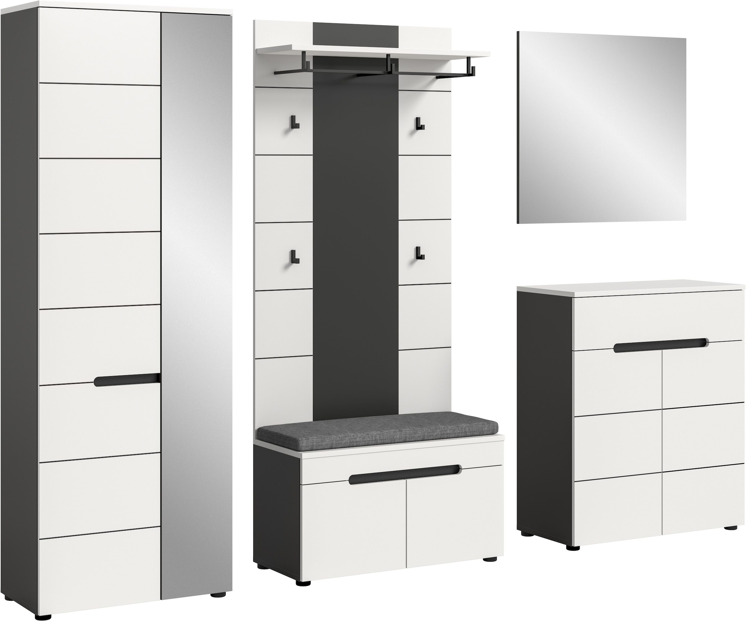 INOSIGN Garderoben-Set »REHAT, TOPSELLER!, 5-teilig, Breite 255 cm, individuell erweiterbar« Set, bestehend aus: Schrank, Sitzbank, Sitzkissen, Paneel, Spiegel, Kommode, 6 Stk. tlg.