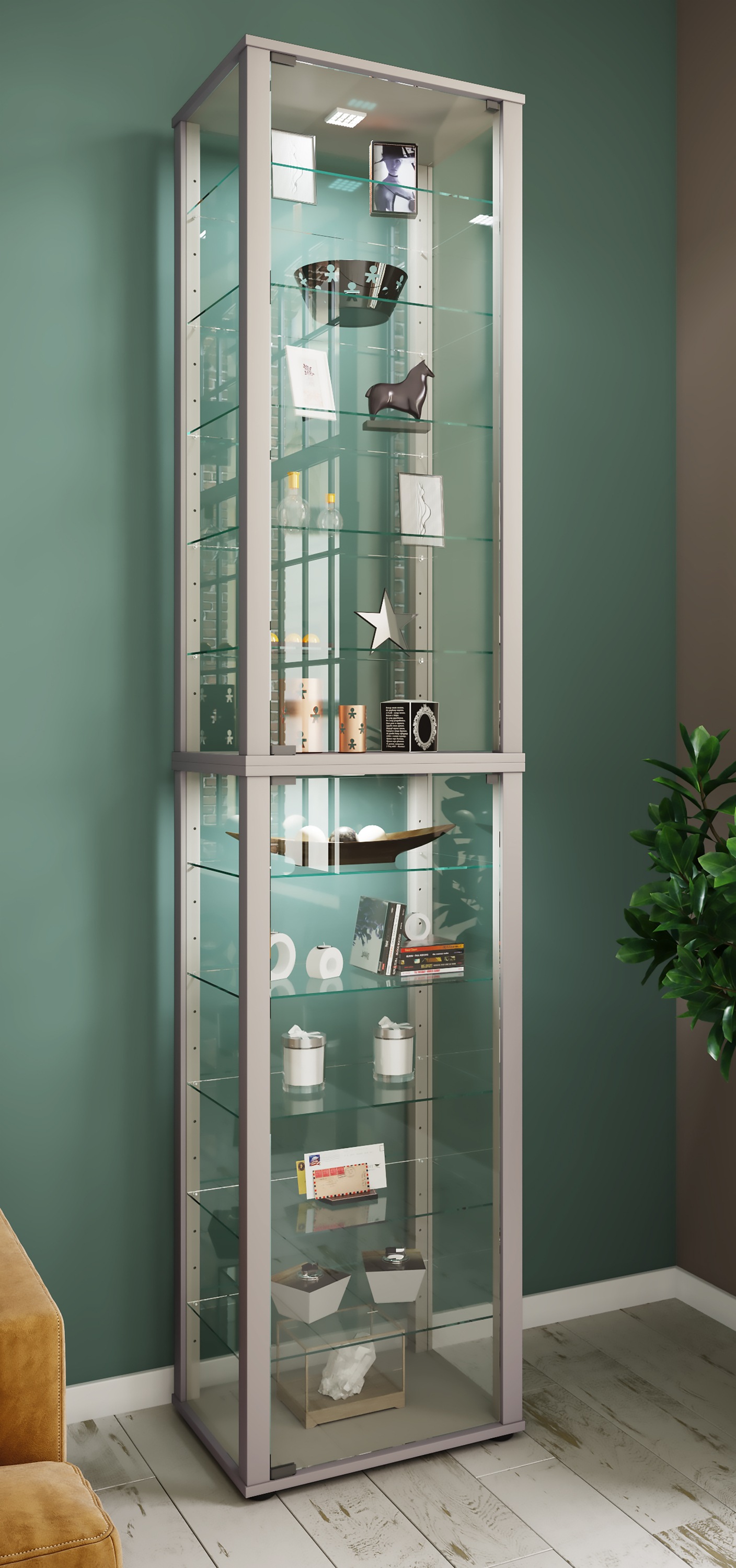 VCM Vitrine »VCM Glasvitrine stehend | Vitrine Glas mit ESG-Sicherheitsglas | Maße ca. H. 227 x B. 50 x T. 38 cm | Standvitrine Glas | Modern und platzsparend | Glas Vitrinenschrank ¿ Kavisa XXL«, (1 St.)