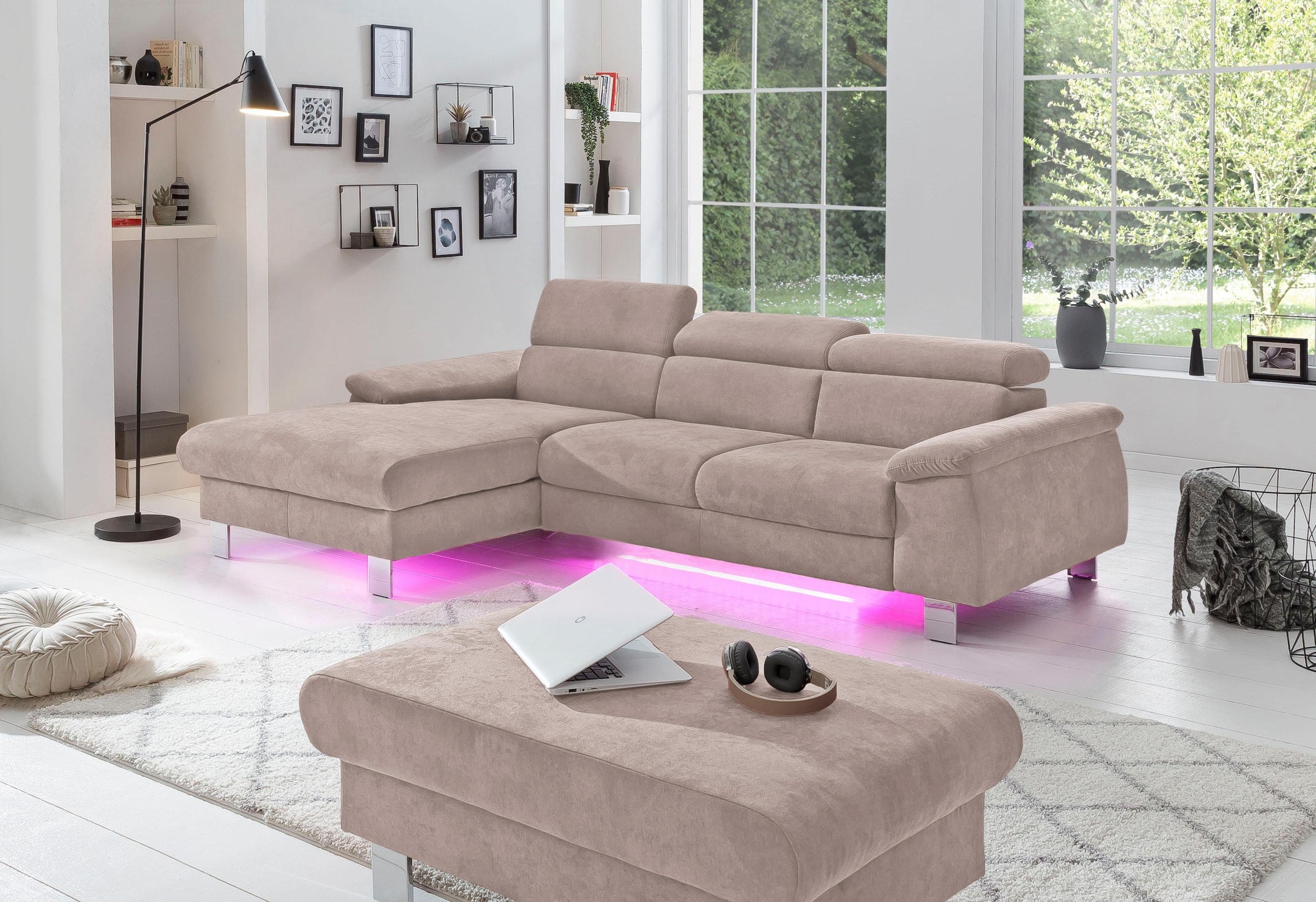 COTTA Ecksofa Komaris, Ecksofa, wahlweise mit RGB-LED-Beleuchtung und Bettfunktion/Bettkasten