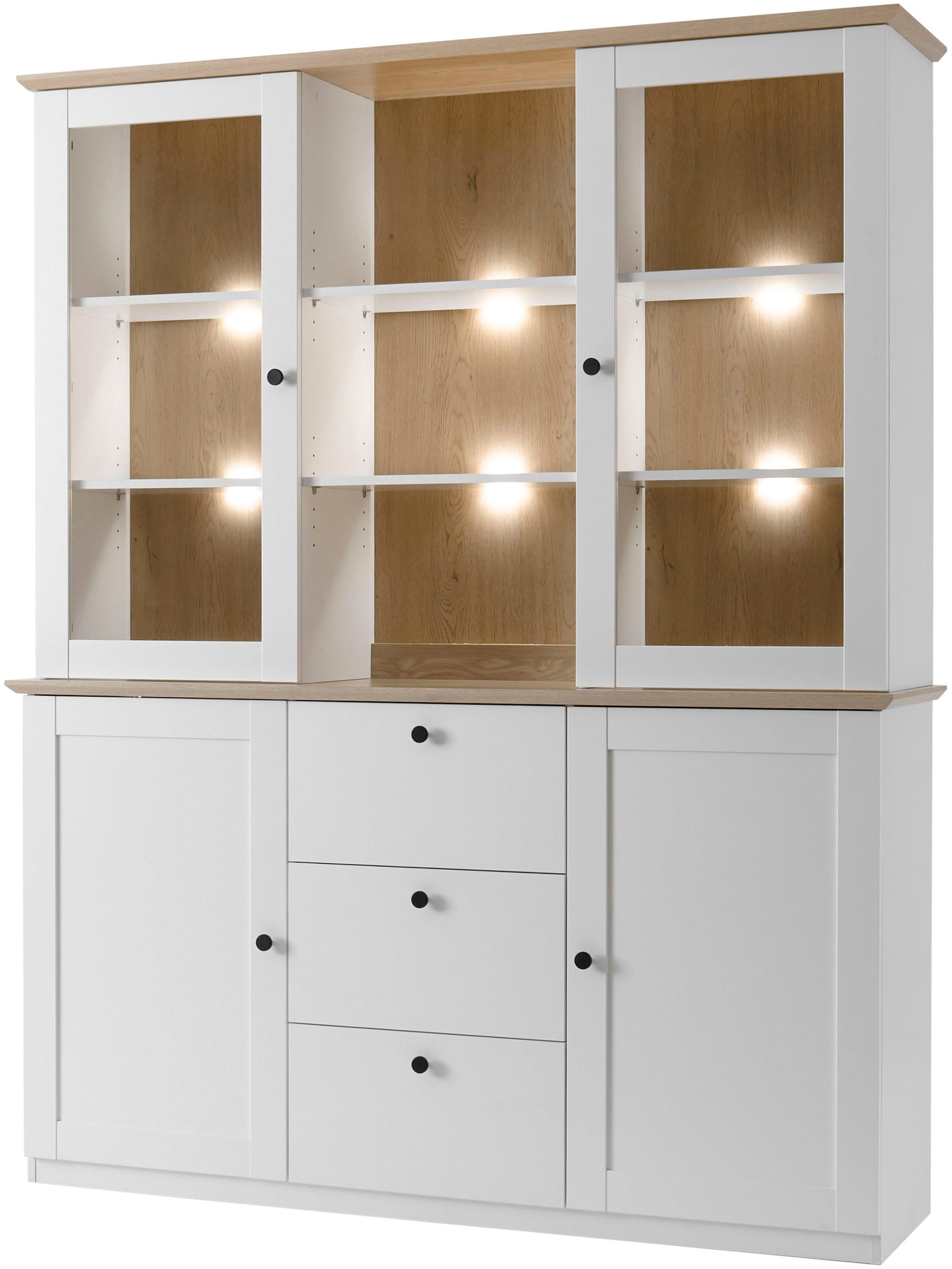 OTTO home Buffet »Brest, Hochschrank im Landhausstil, Schrank, Küchenschrank« schwarze Metallgriffe, viel Stauraum, Glastüren, 164 cm breit