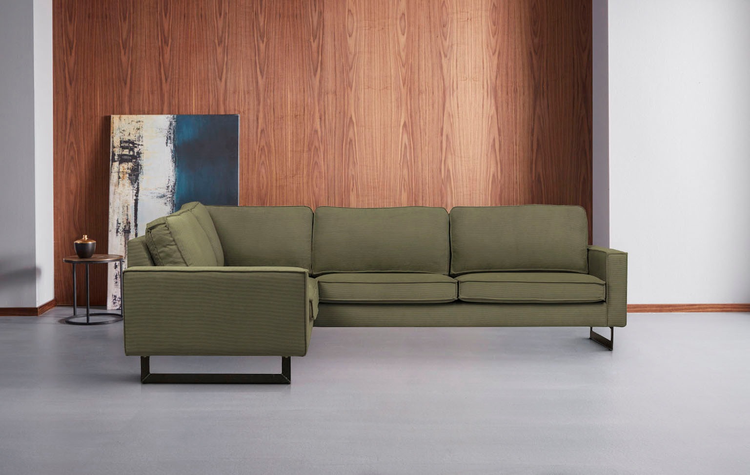 Places of Style Ecksofa »Pinto, XXL, 250/290 cm, langer Schenkel, Ottomane«, Cord, Chenille, Lederoptik, mit Keder, Metallfüße, Wellenunterfederung